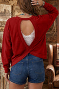 Racing Red Ribbed Detail Drop Shoulder Cutout Back Sweatshirt
