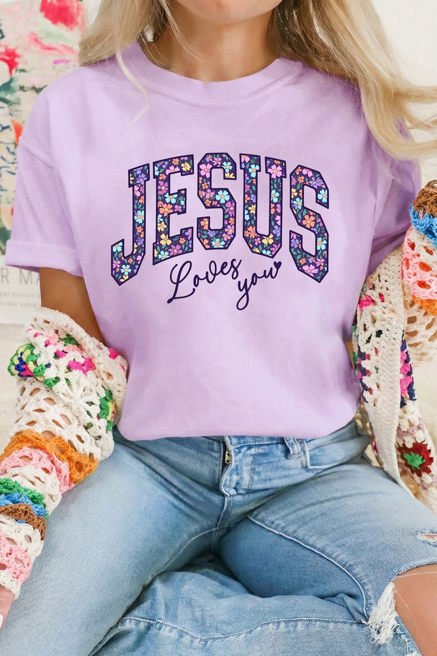 Orchid Petal Christian Floral Letter Graphic Round Neck T Shirt