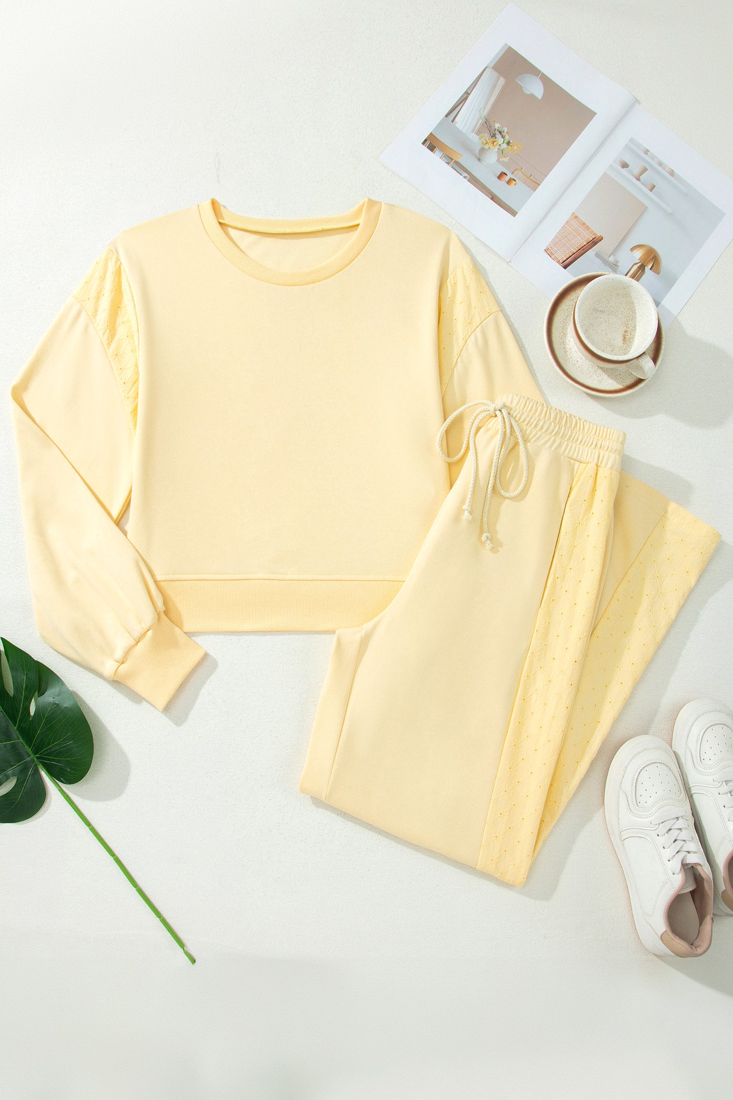 Yellow Cream Eyelet Embroidered Lace Patchwork Cropped Pullover Drawstring Pants Set