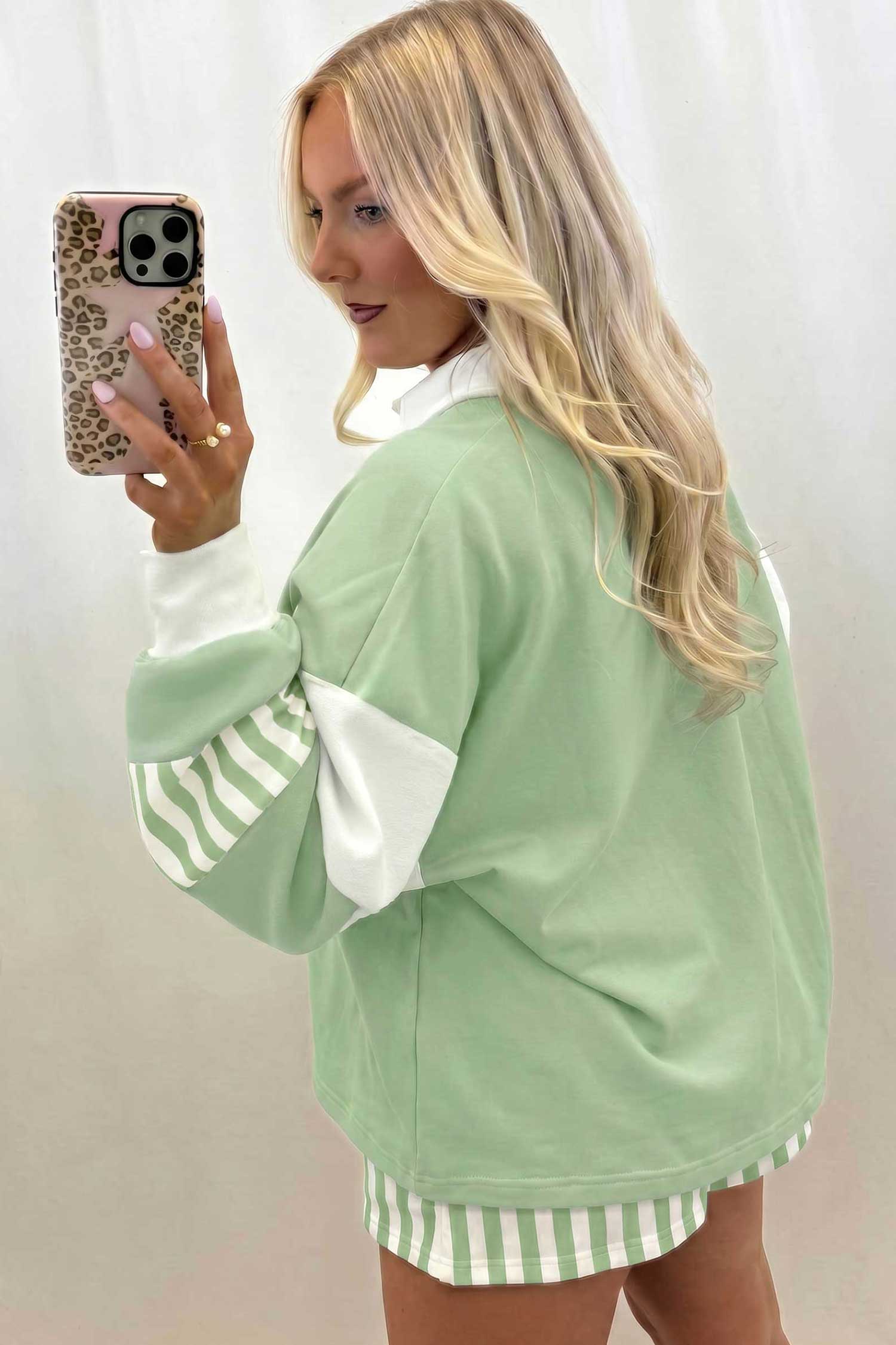 Gossamer Pink Striped Color Block Pullover Top Drawstring Shorts Set