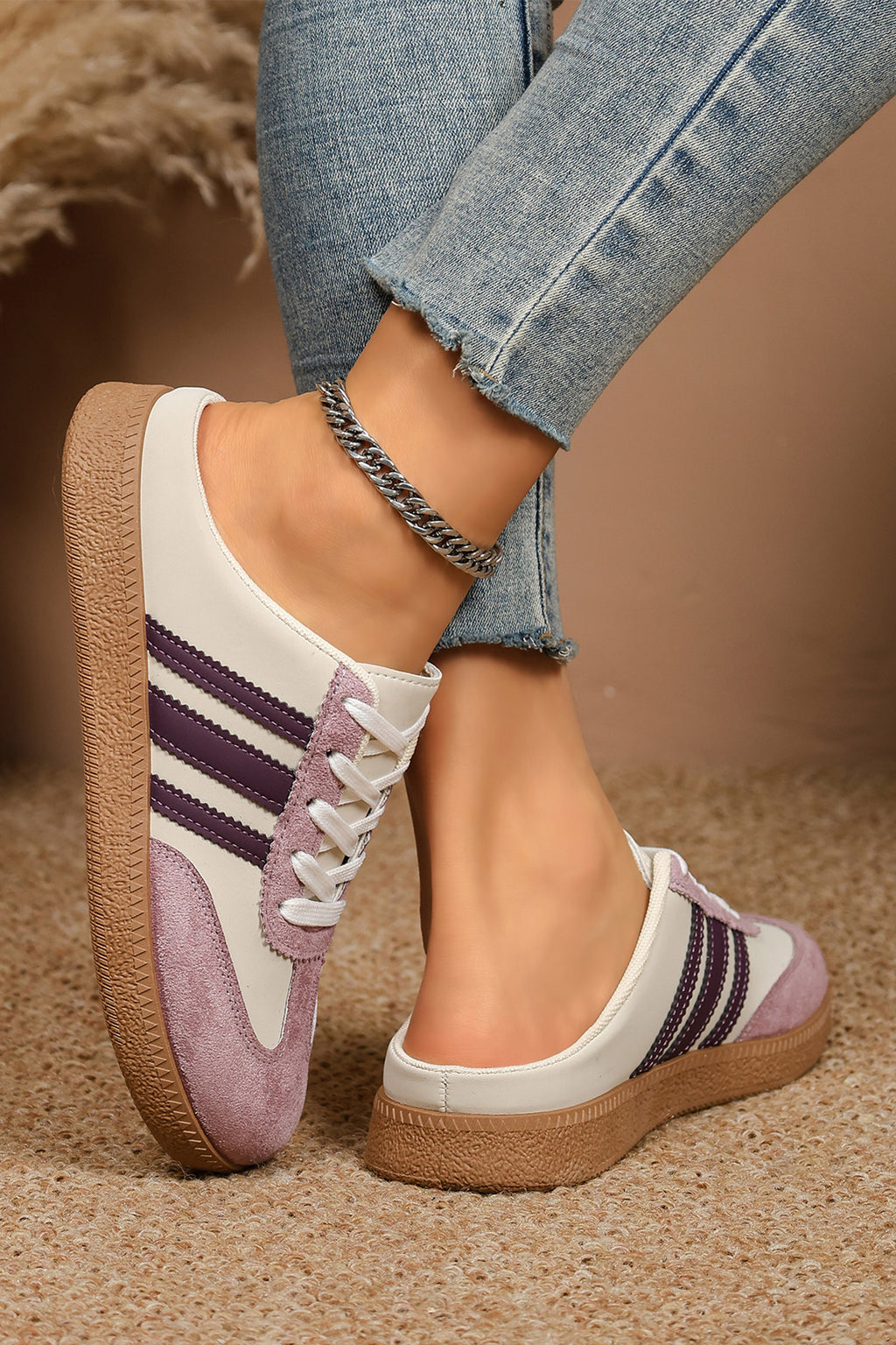 Tillandsia Purple PU Leather Color Block Varsity Lace Up Flat Shoes
