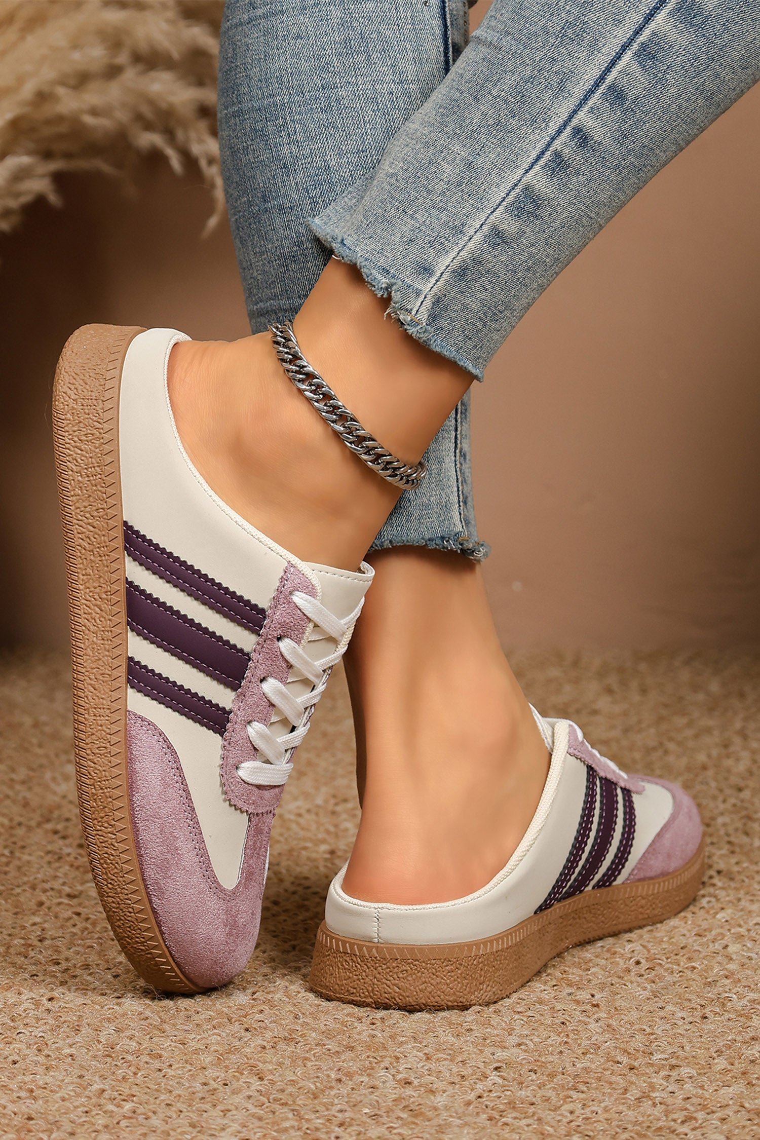 Tillandsia Purple PU Leather Color Block Varsity Lace Up Flat Shoes