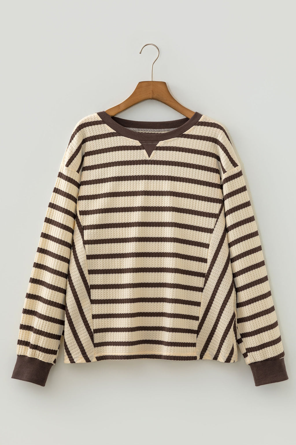 Brown Stripe Patchwork Ribbed Cuff Casual Pullover Sweatshirt