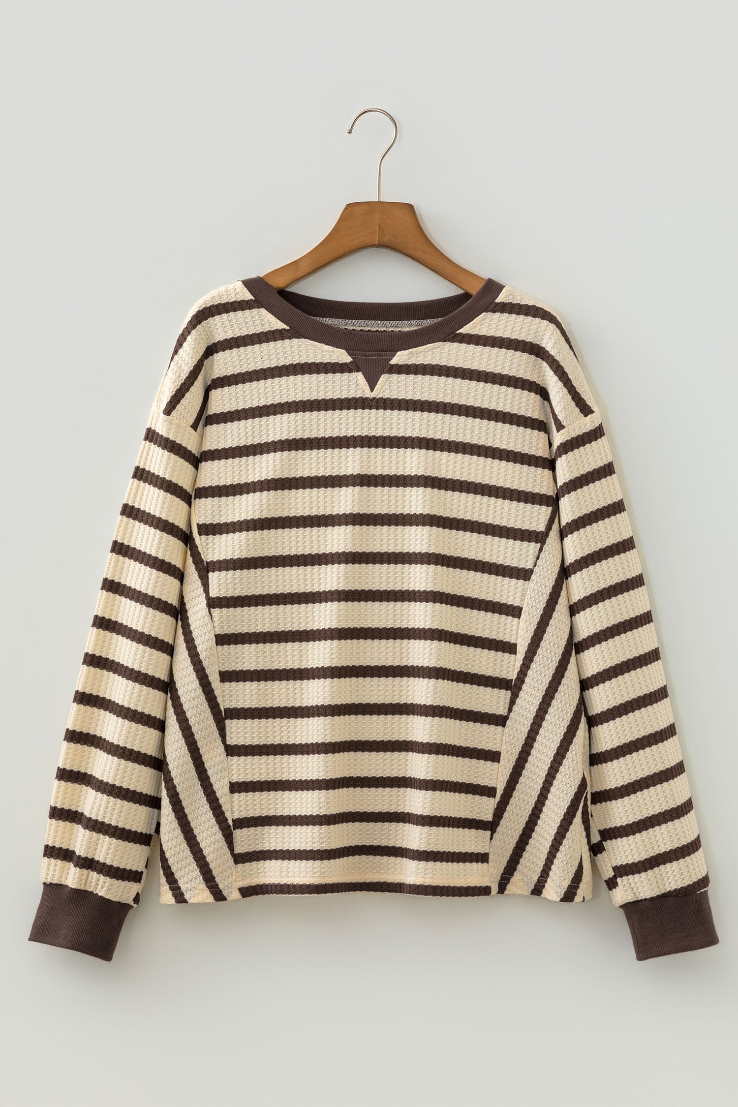 Brown Stripe Patchwork Ribbed Cuff Casual Pullover Sweatshirt