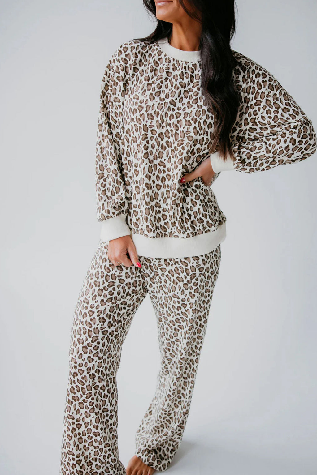 Khaki Leopard Print Embroidery Colorblock Details Pant Set