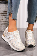 White Leopard Print Lace-Up Low-Top Sneakers with Rubber Sole
