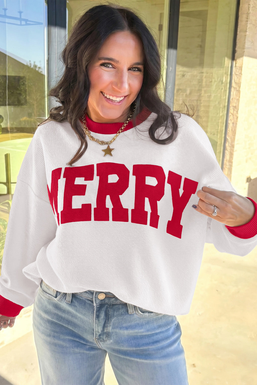 Beige Color Block Trim Merry Slogan Pullover Sweatshirt