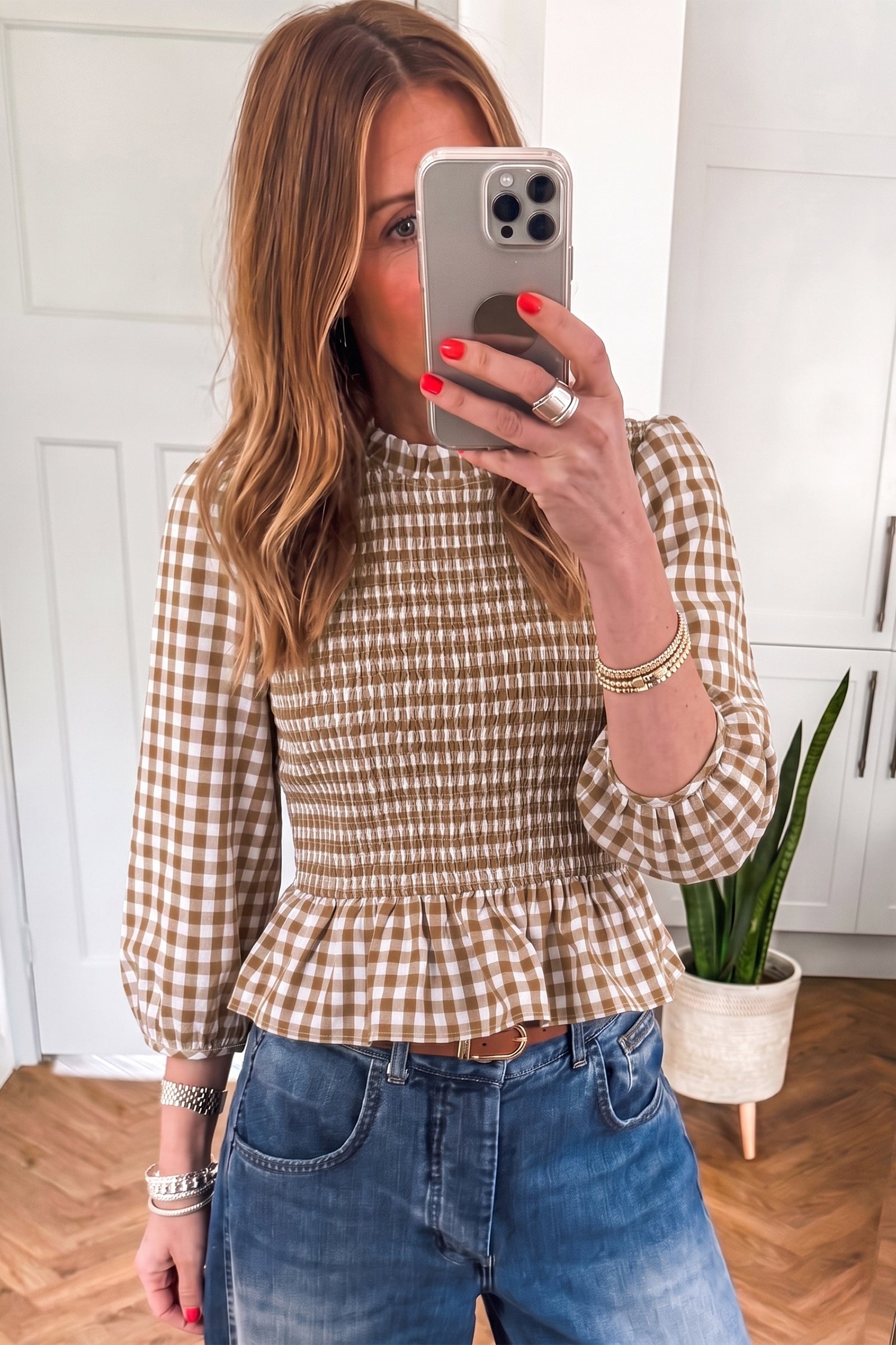 Brown 3/4 Sleeve Shirred Plaid Peplum Top