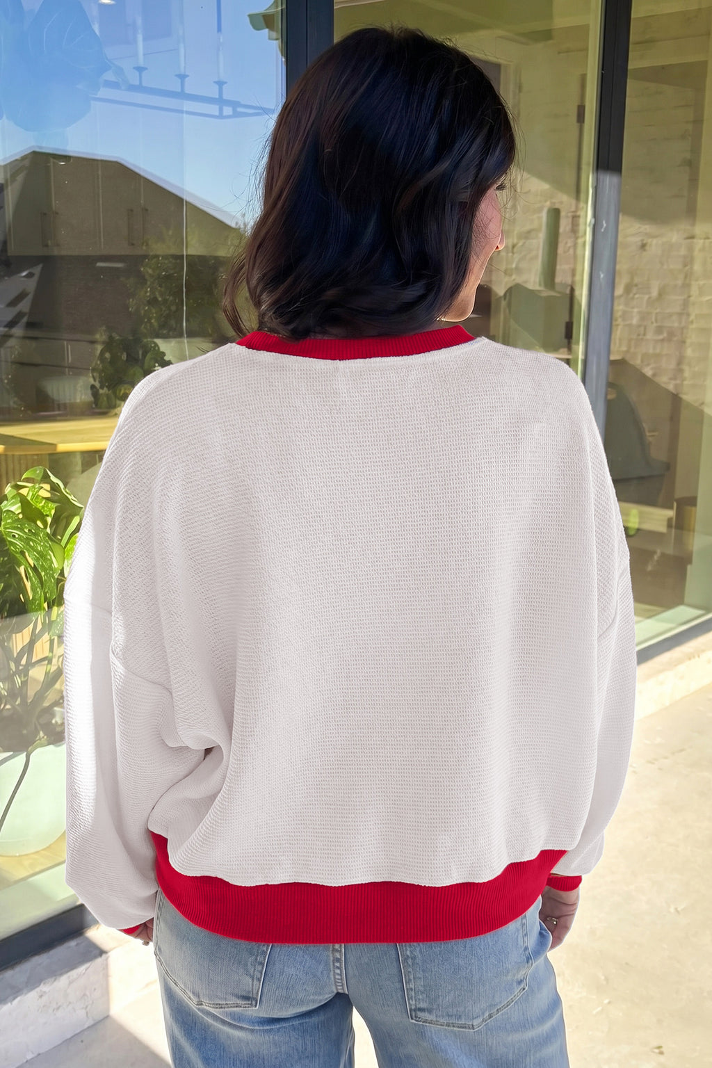 Beige Color Block Trim Merry Slogan Pullover Sweatshirt