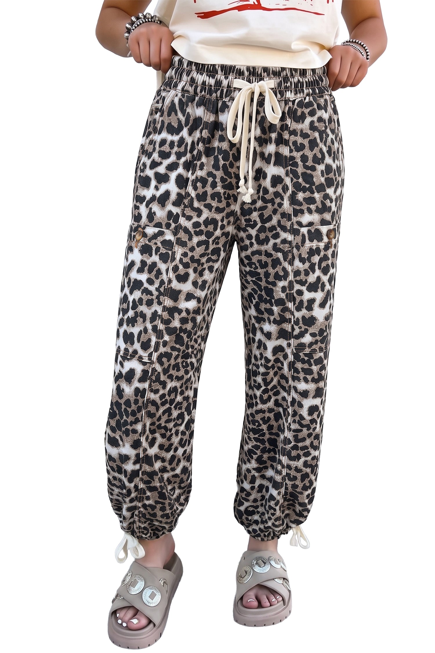 Black Leopard Print Drawstring Jogger Jeans