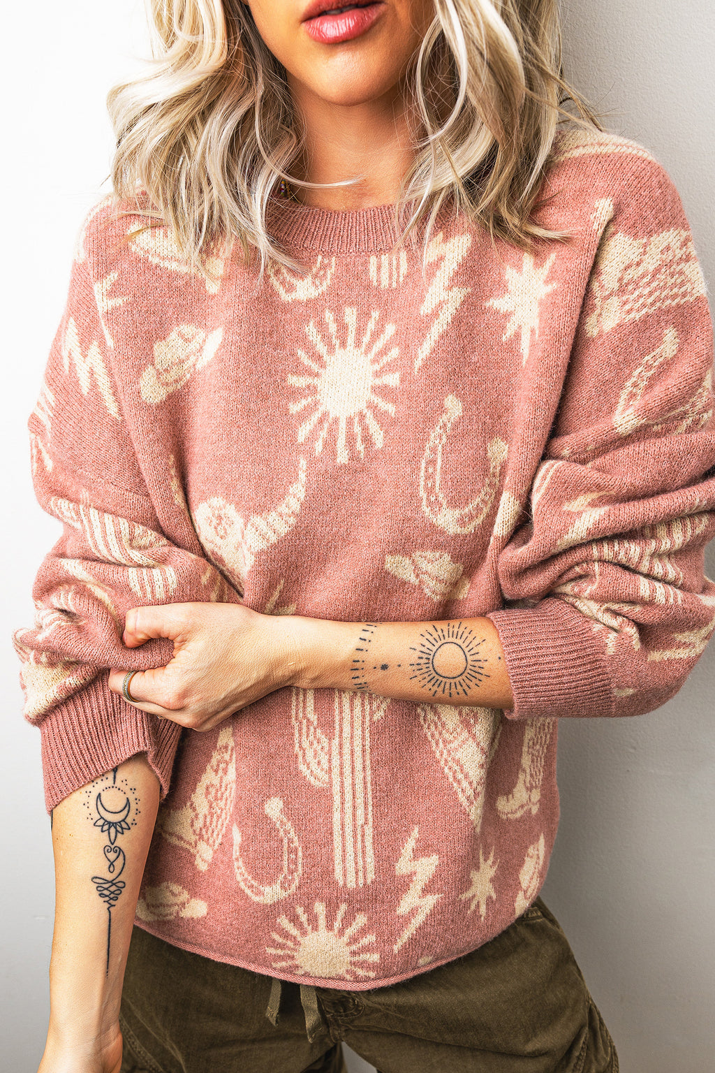 Peach Blossom Western Print Drop Shoulder Round Neck Long Sleeve Sweater