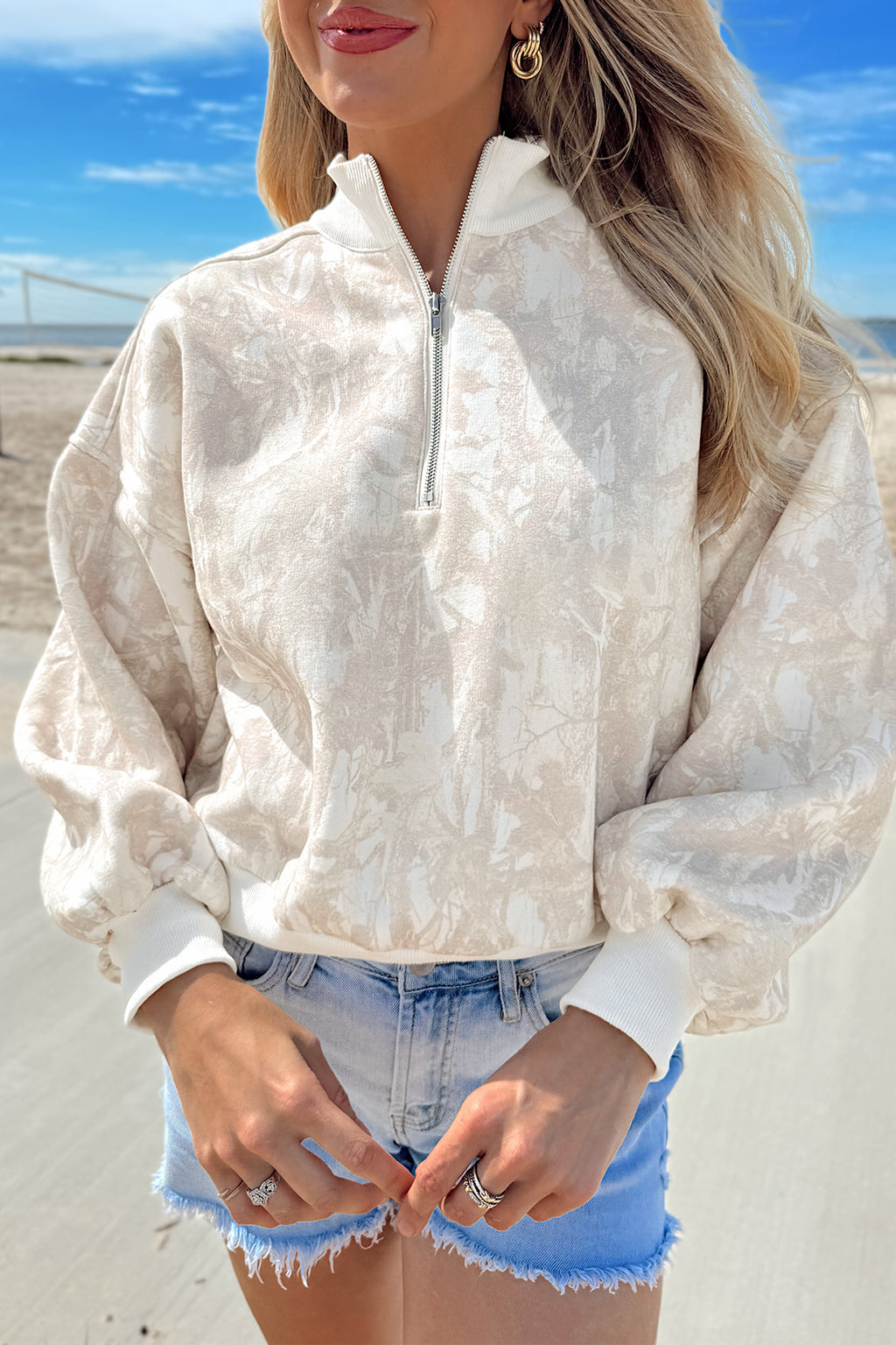 Khaki Camouflage Print Quarter-Zip Drop Shoulder Long Sleeve Sweatshirt