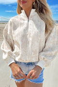 Khaki Camouflage Print Quarter-Zip Drop Shoulder Long Sleeve Sweatshirt