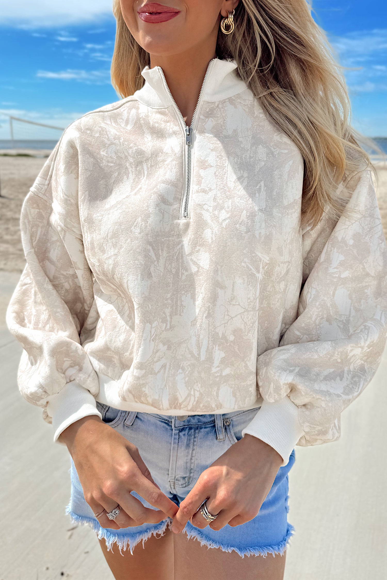 Khaki Camouflage Print Quarter-Zip Drop Shoulder Long Sleeve Sweatshirt