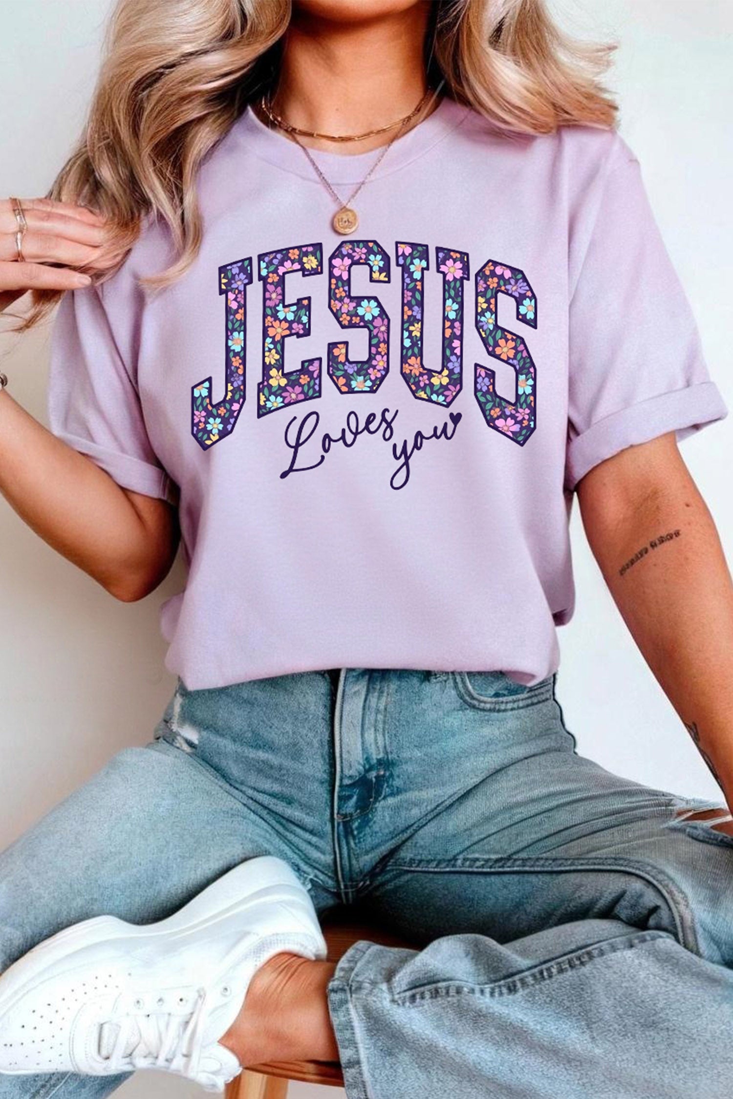 Orchid Petal Christian Floral Letter Graphic Round Neck T Shirt