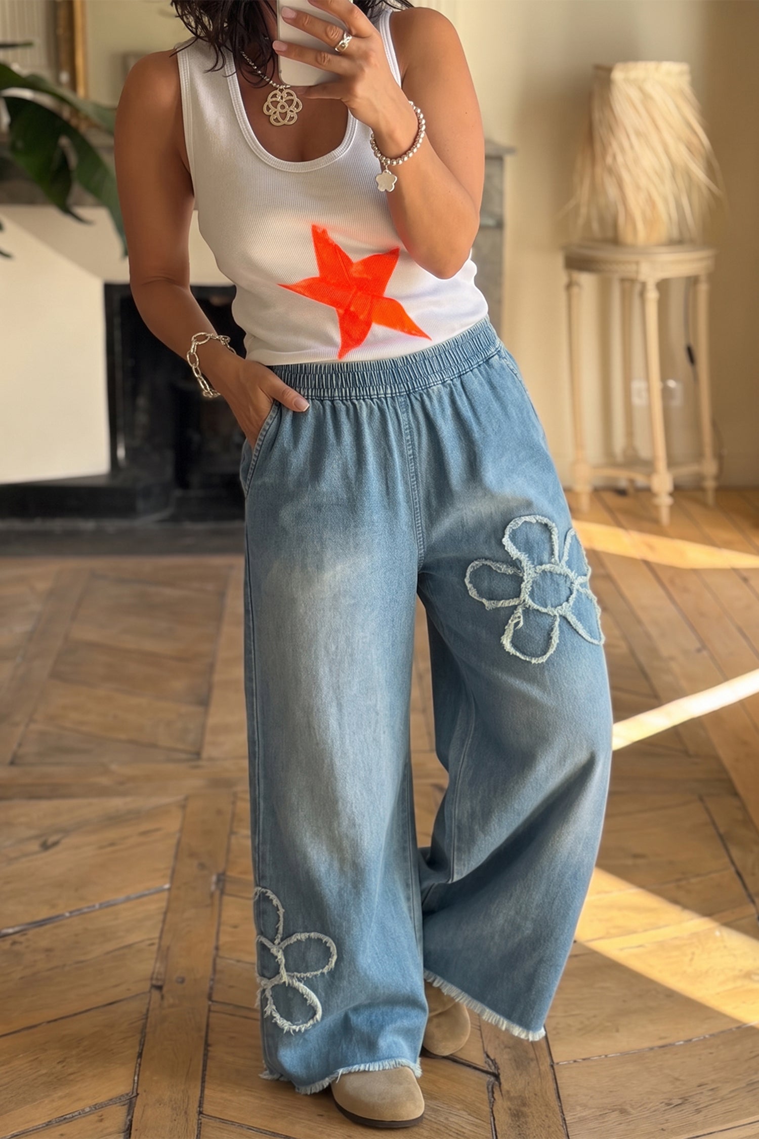 Beau Blue Frayed Floral Patch Wide Leg Raw Hem Wide Leg Jeans