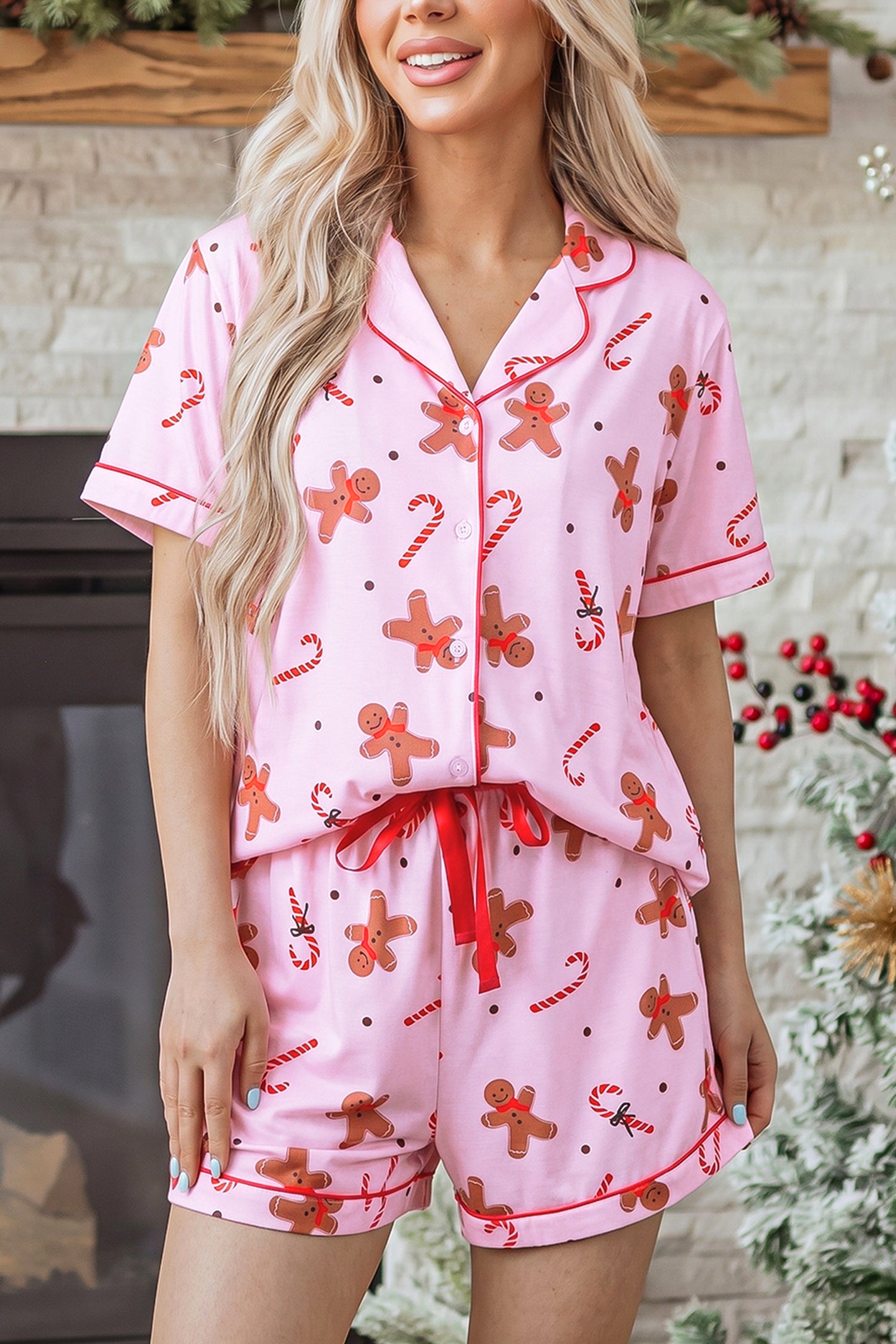 Pink Short Sleeve Placket Shell Button Elastic Waist Lounge Set