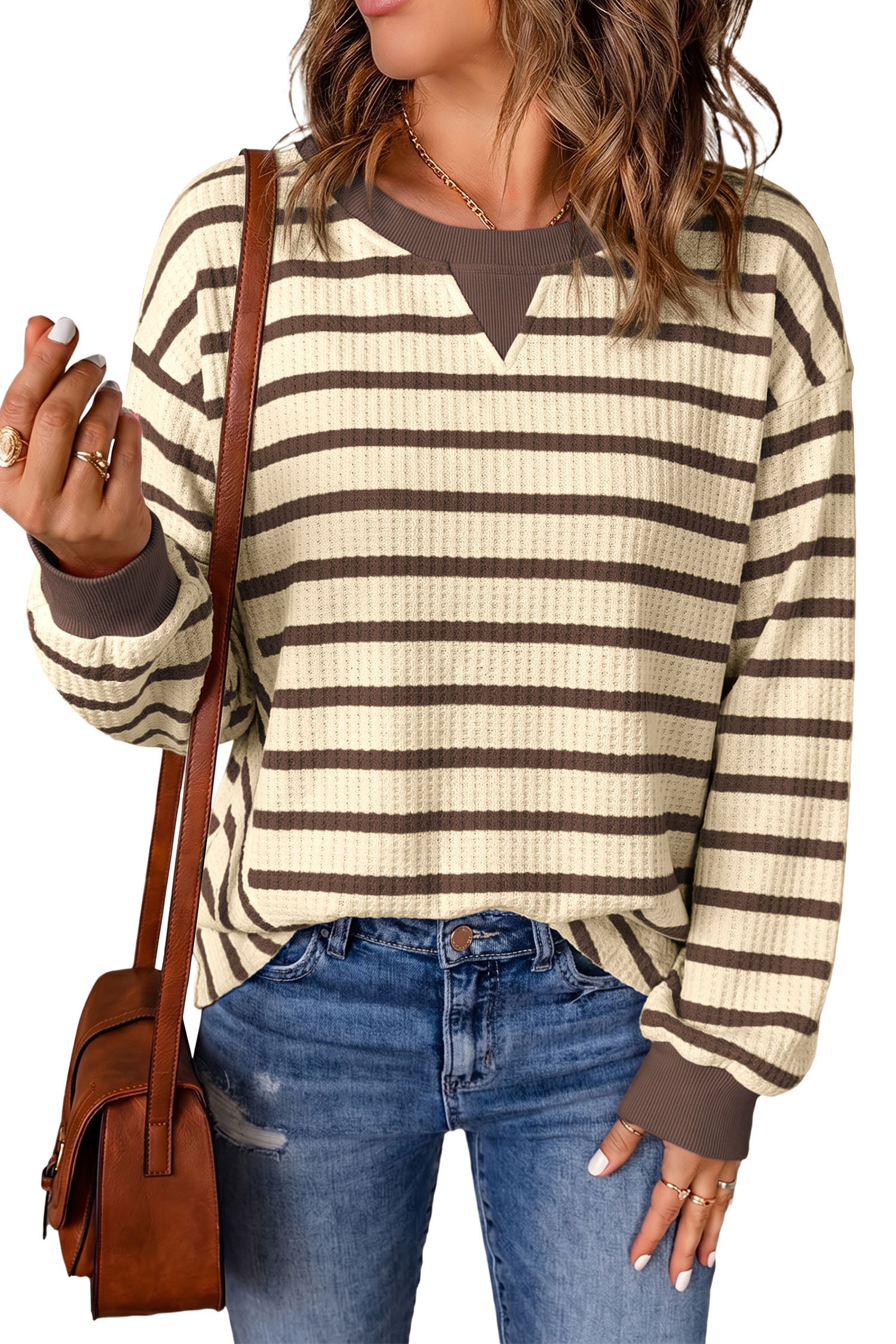 Brown Stripe Patchwork Ribbed Cuff Casual Pullover Sweatshirt