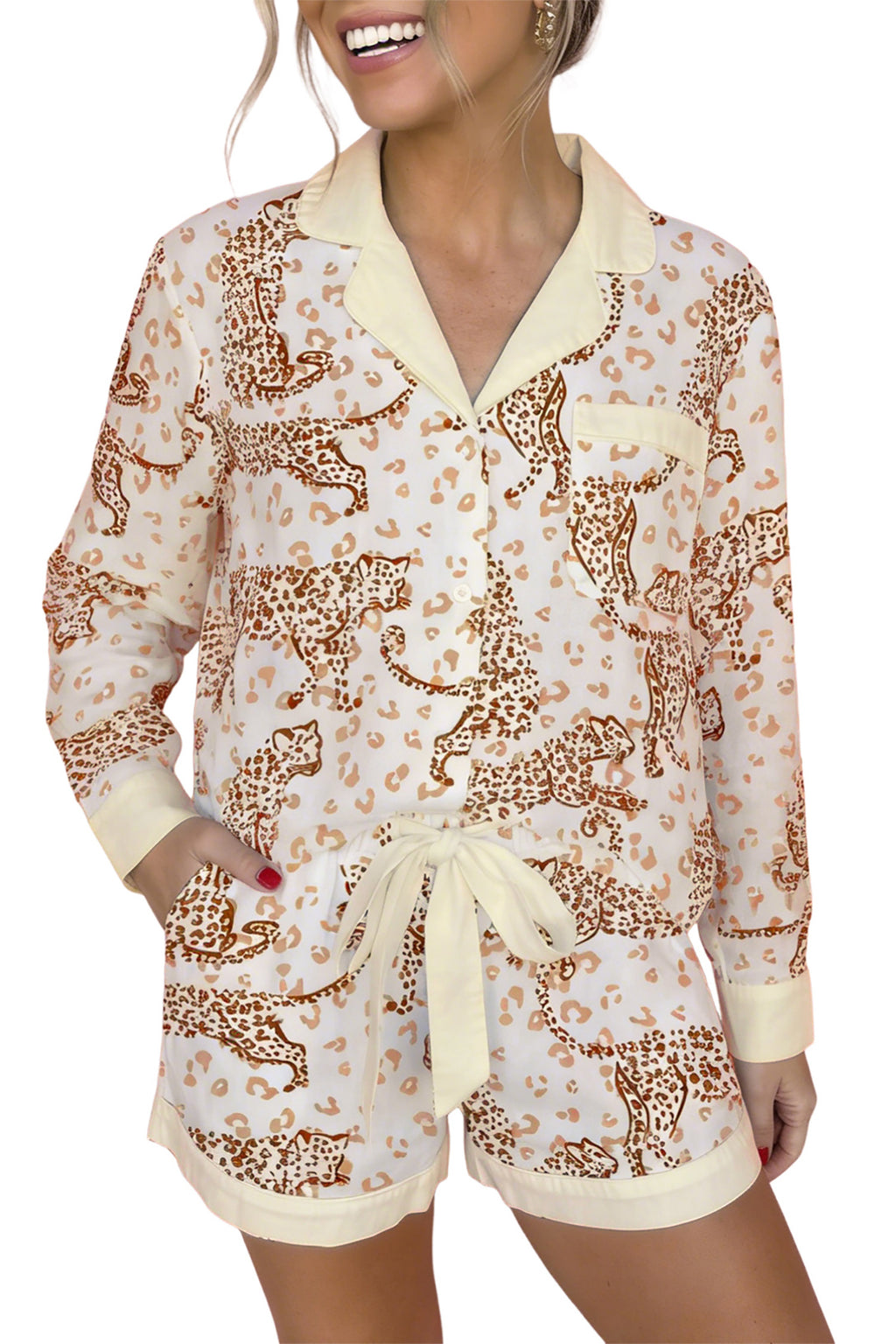 Yellow Leopard Print Colorblock Pocket Placket Long Sleeve Lounge Set