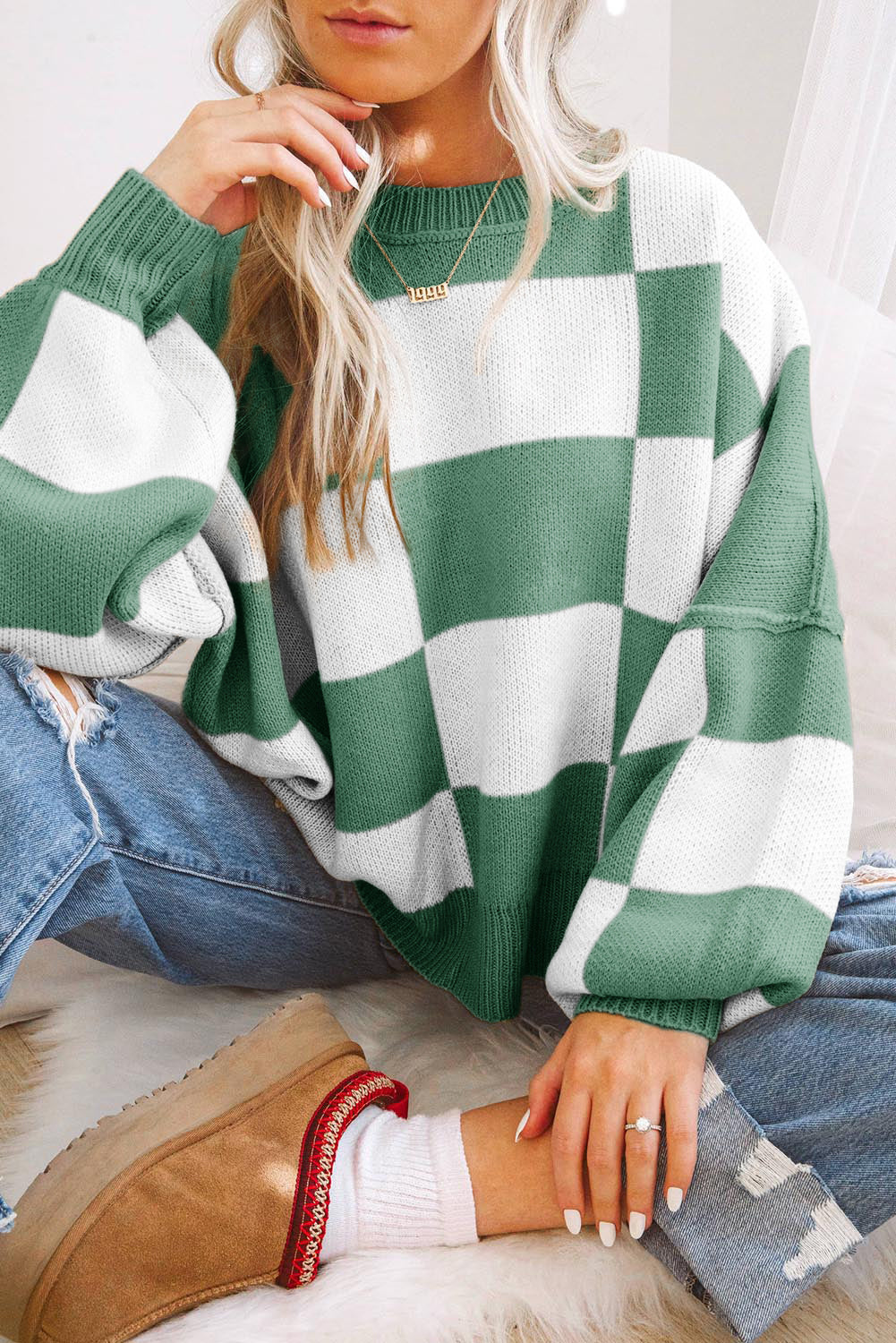 Black Checkered Bishop Sleeve Sweater