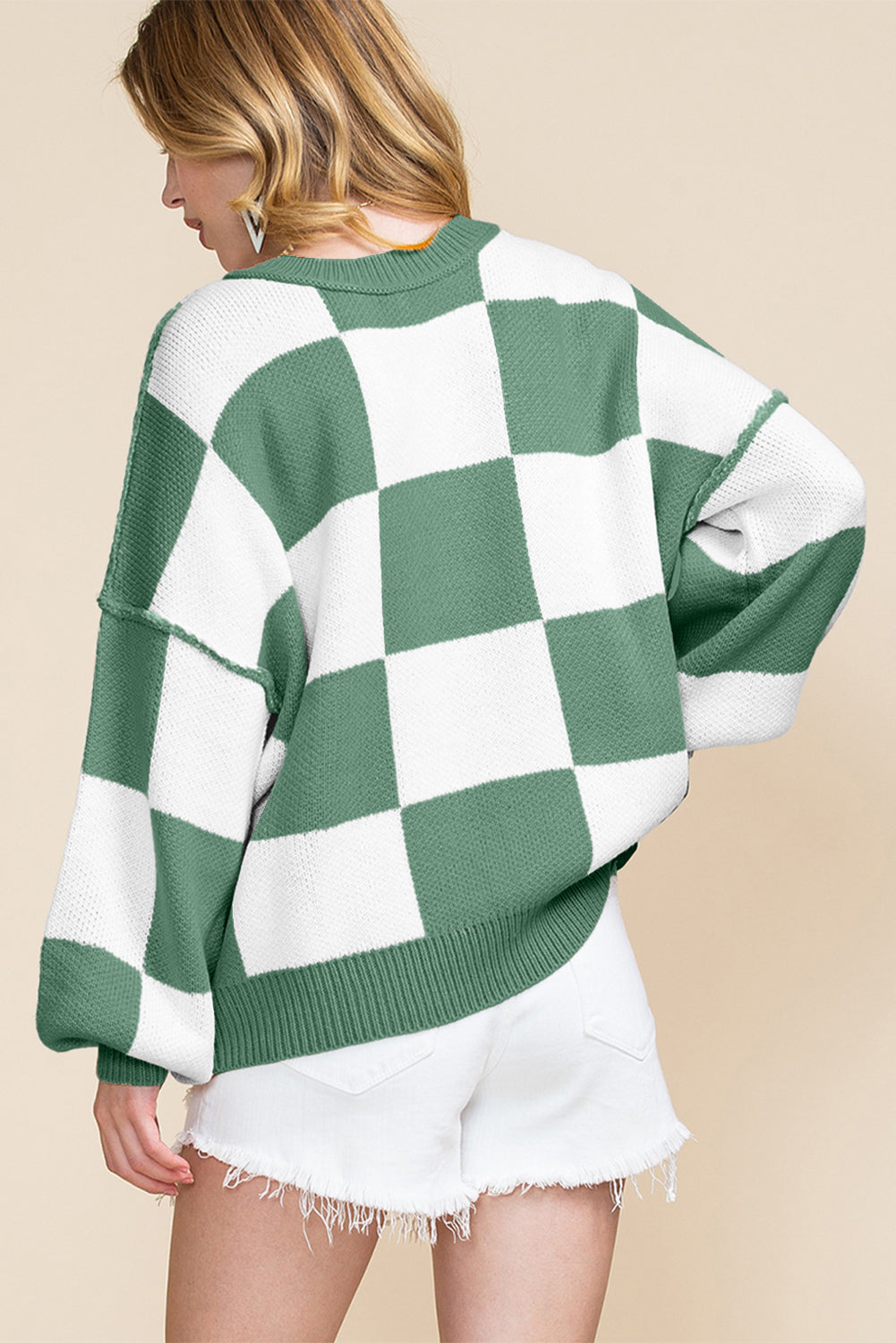 Black Checkered Bishop Sleeve Sweater