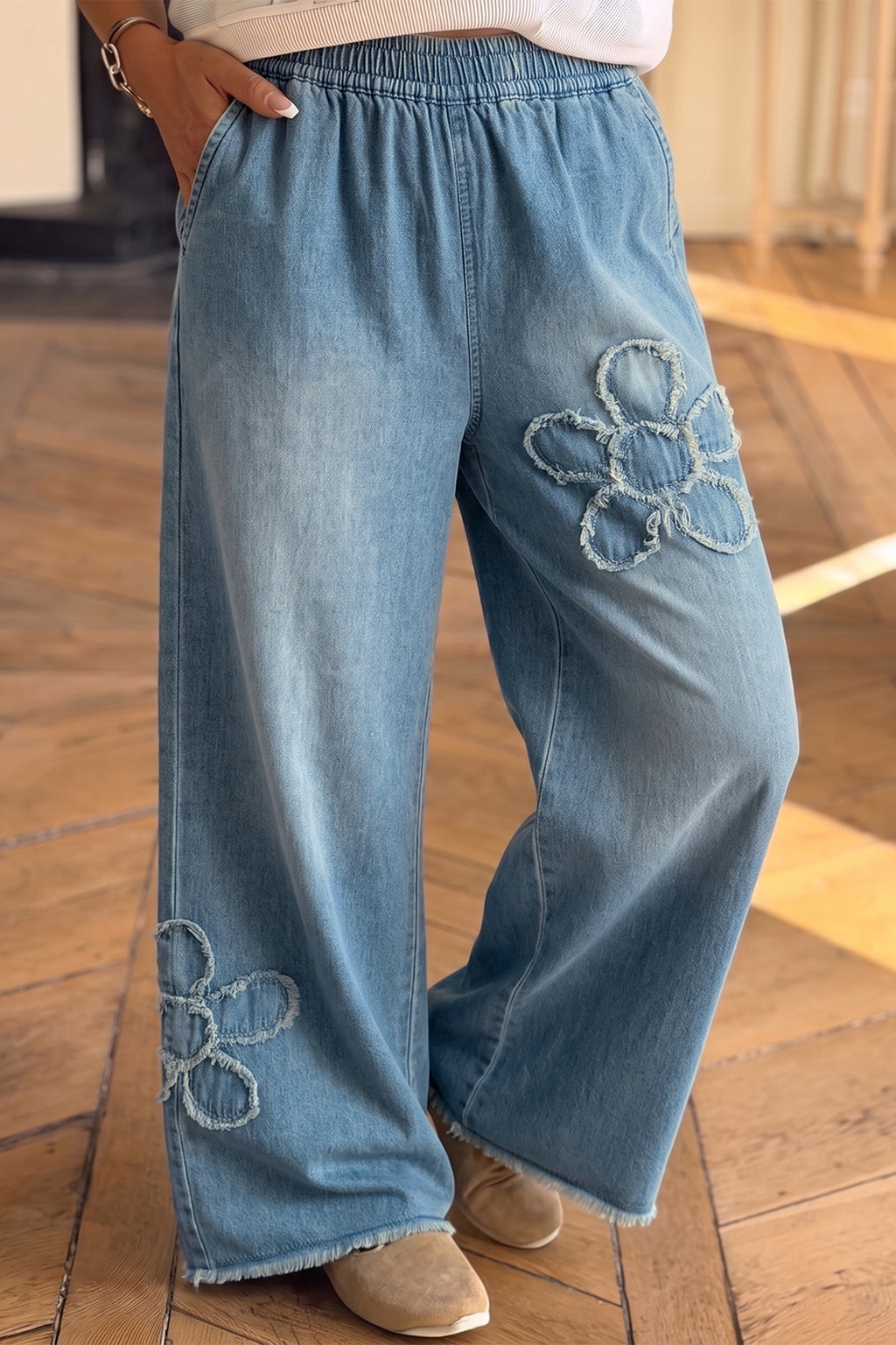 Beau Blue Frayed Floral Patch Wide Leg Raw Hem Wide Leg Jeans