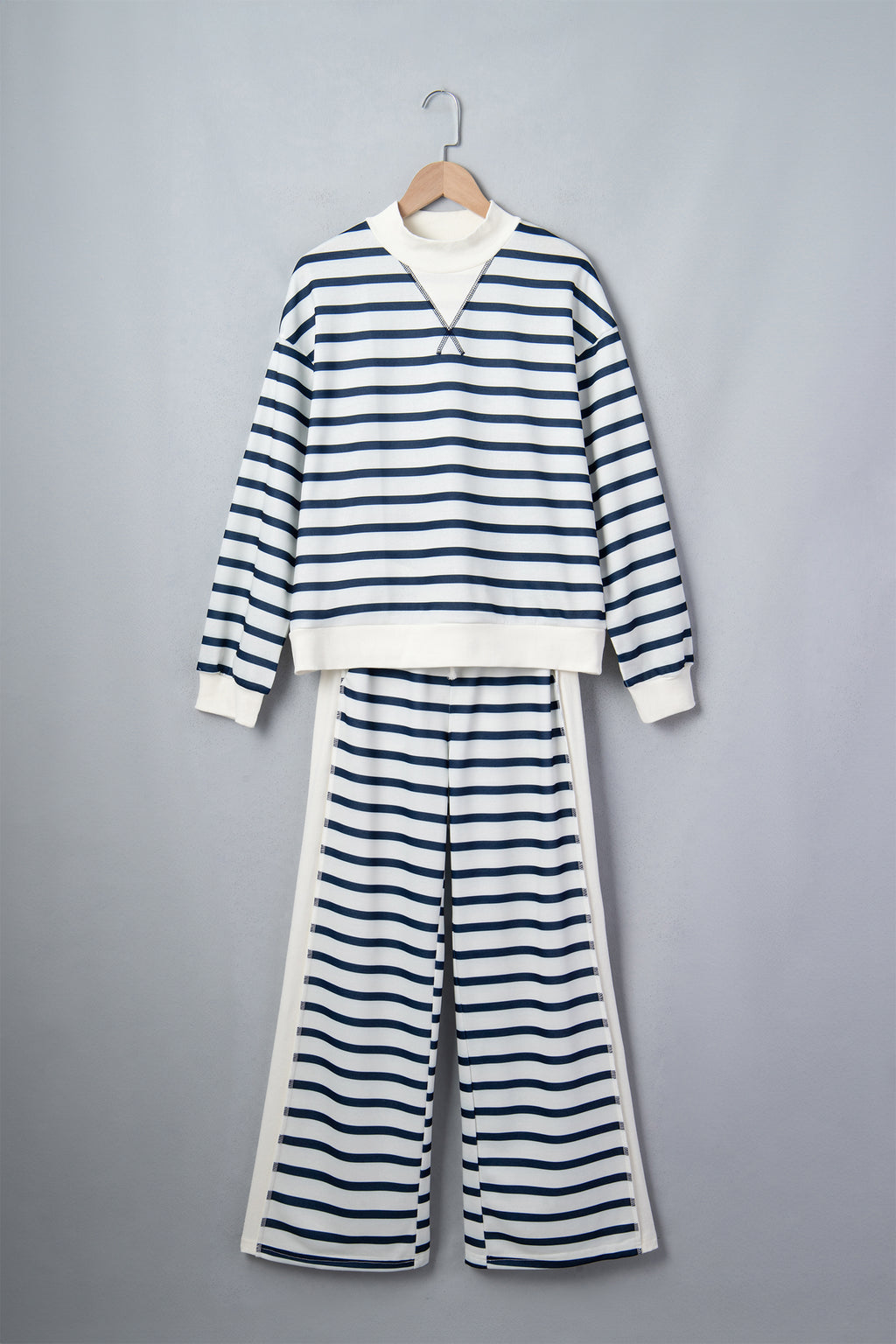 Blue Stripe Striped Ribbed Cuff Collar Pocket Loose Pant Set
