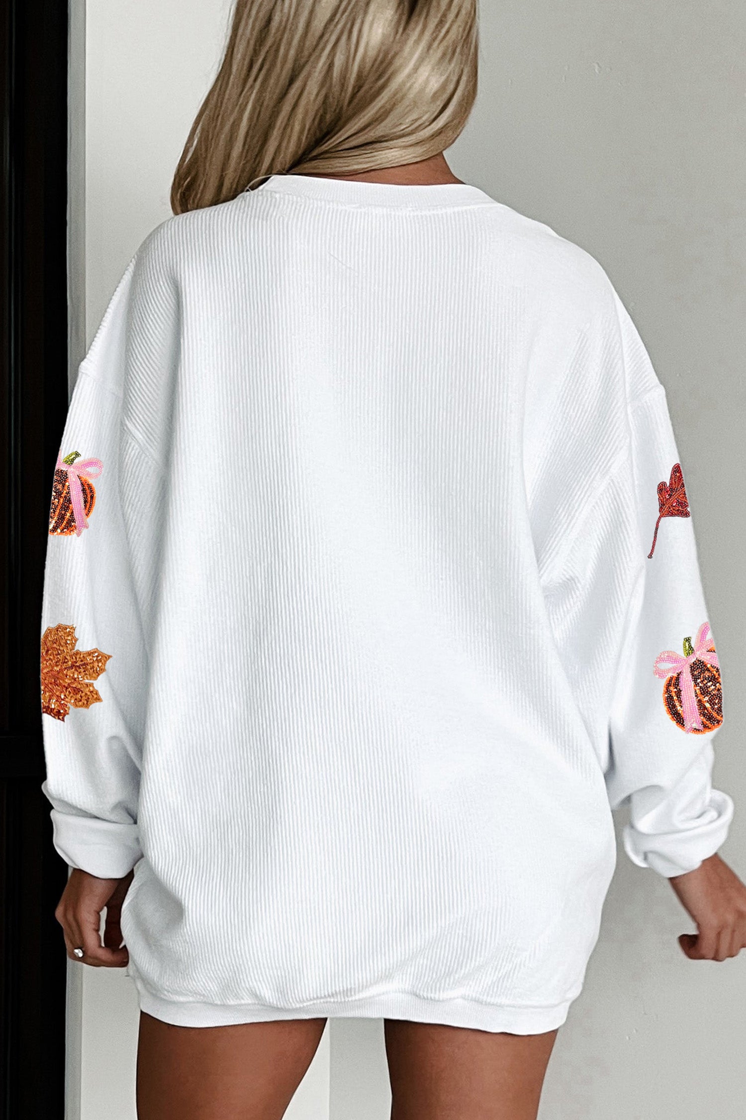 White Sequin Pumpkin Leaf Corded Ribbed Oversized Sweatshirt