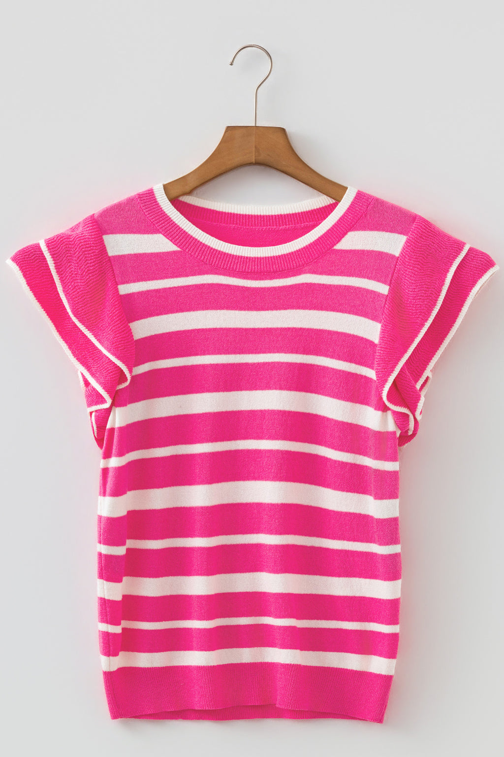 Rose Stripe Double Ruffle Short Sleeve Lightweight Knit Sweater
