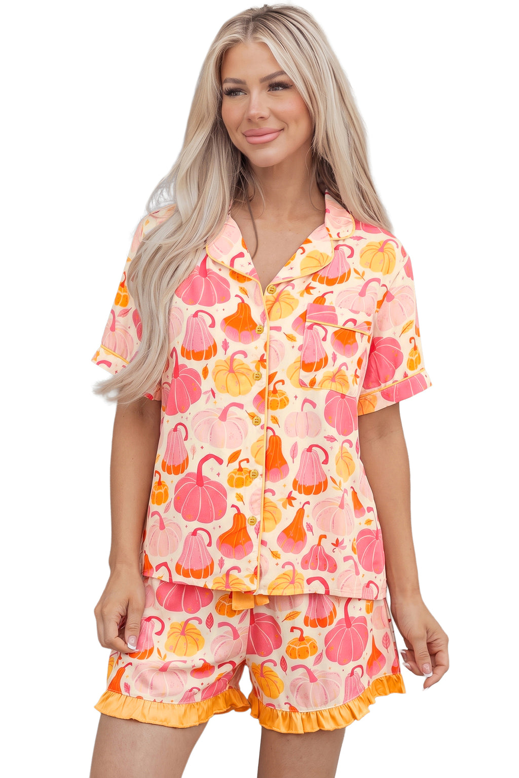Pink Short Sleeve Pumpkin Print Pocket Placket Shell Button Lounge Set