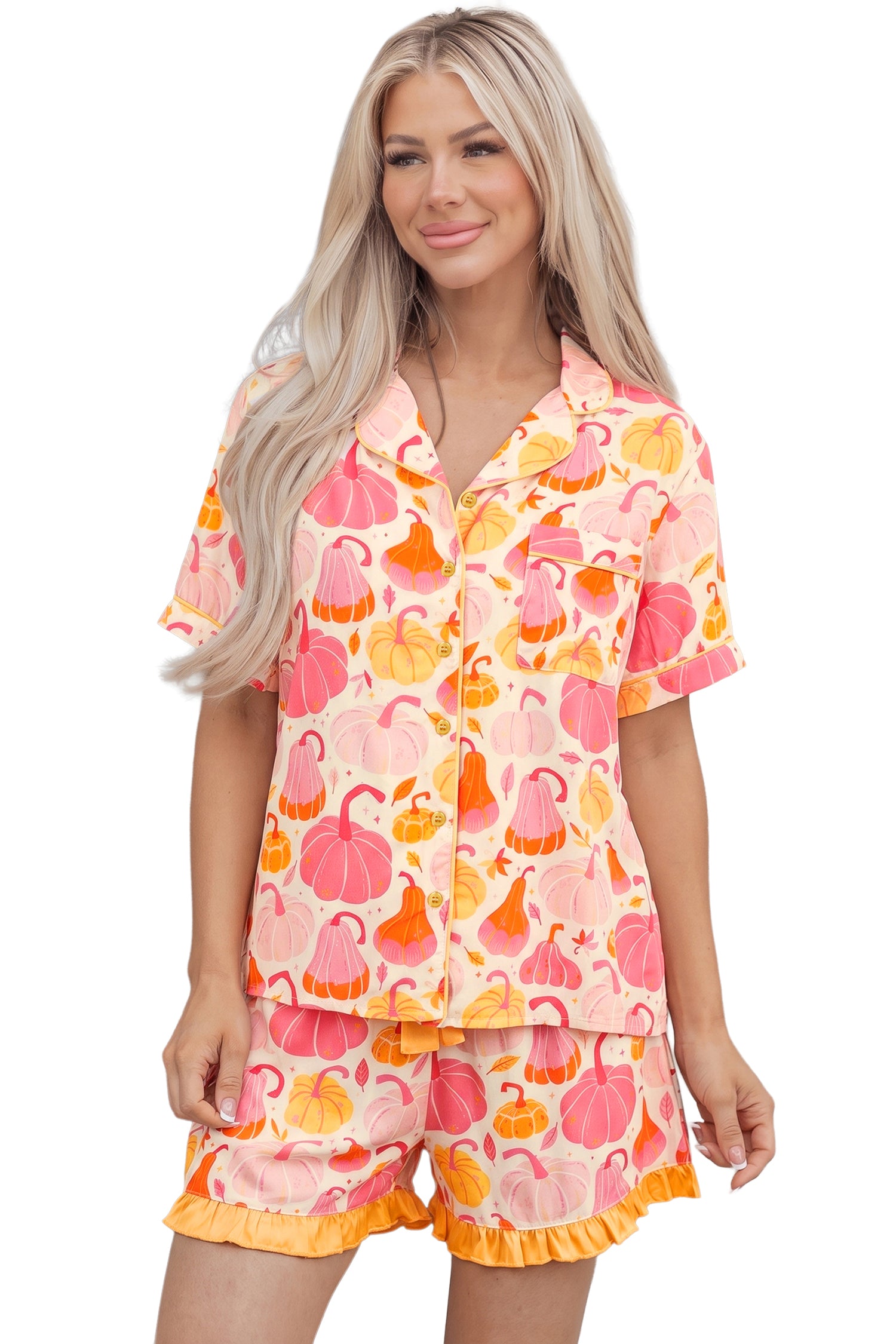 Pink Short Sleeve Pumpkin Print Pocket Placket Shell Button Lounge Set