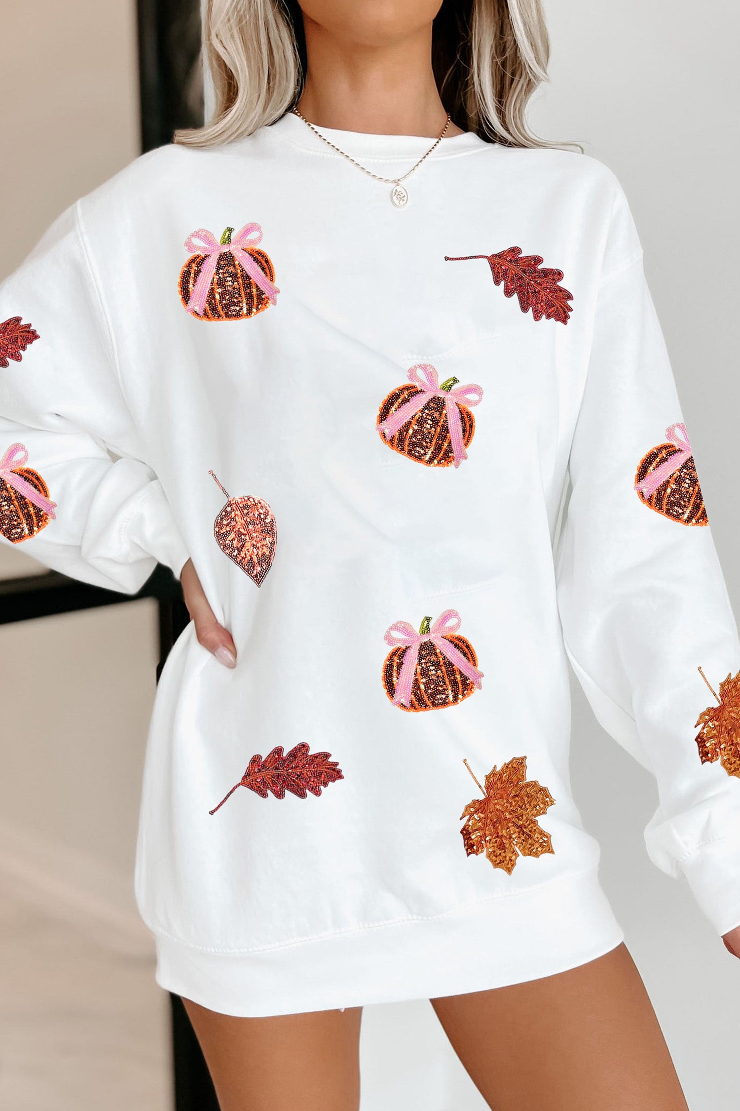 White Sequin Pumpkin Leaf Corded Ribbed Oversized Sweatshirt
