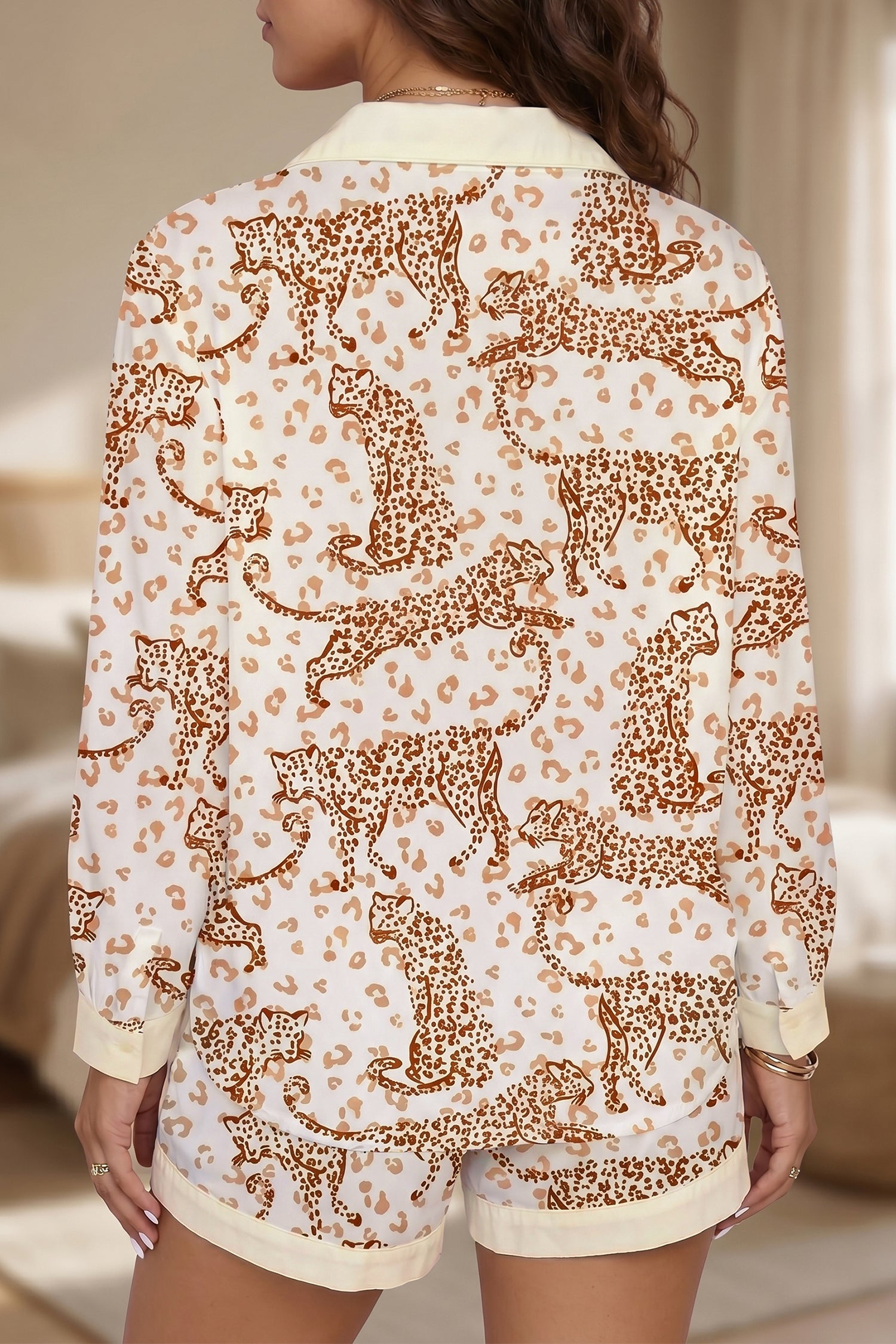 Yellow Leopard Print Colorblock Pocket Placket Long Sleeve Lounge Set
