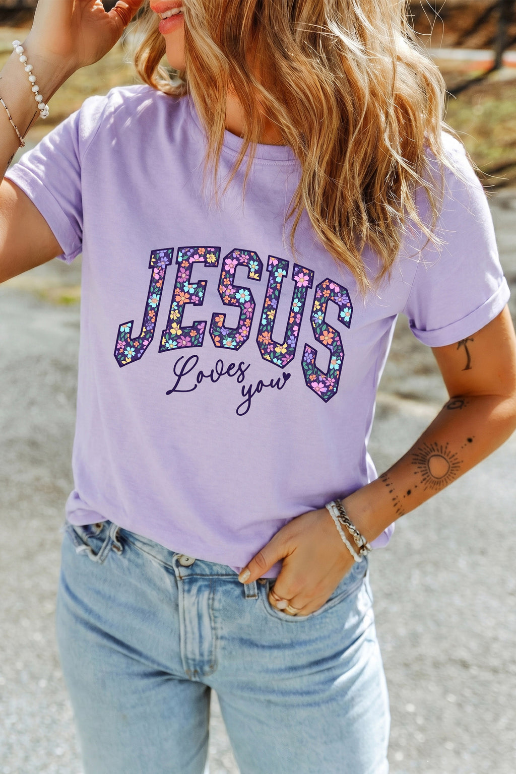 Orchid Petal Christian Floral Letter Graphic Round Neck T Shirt