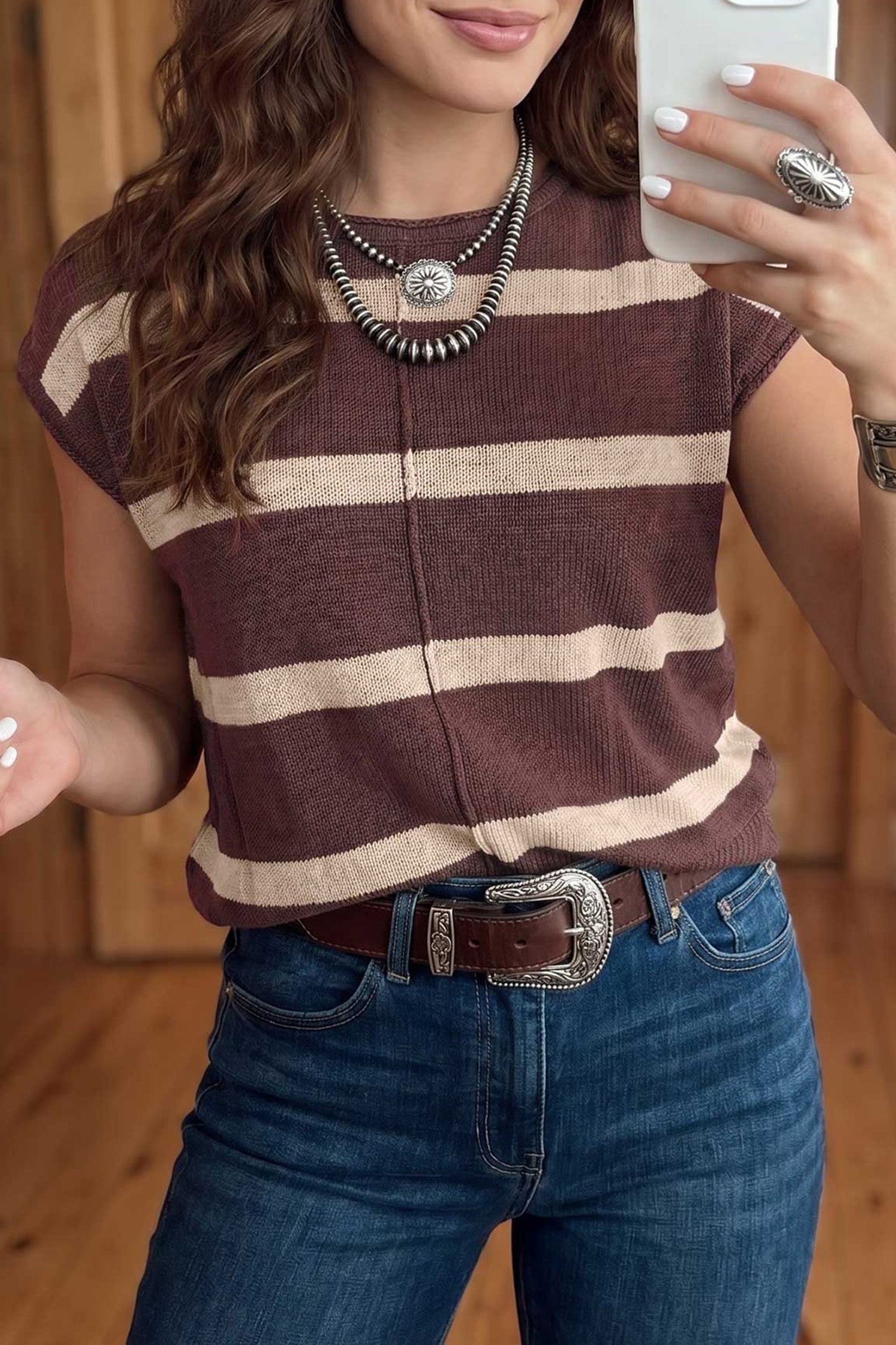 Brown Stripe Knit Western Short Sleeve Sweater