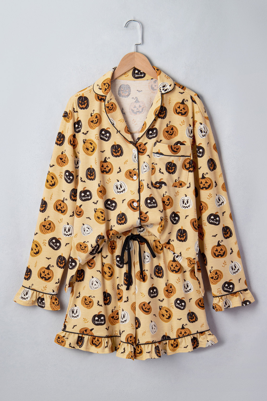Orange Long Sleeve Ruffle Pumpkin Face Print Two Piece Lounge Set