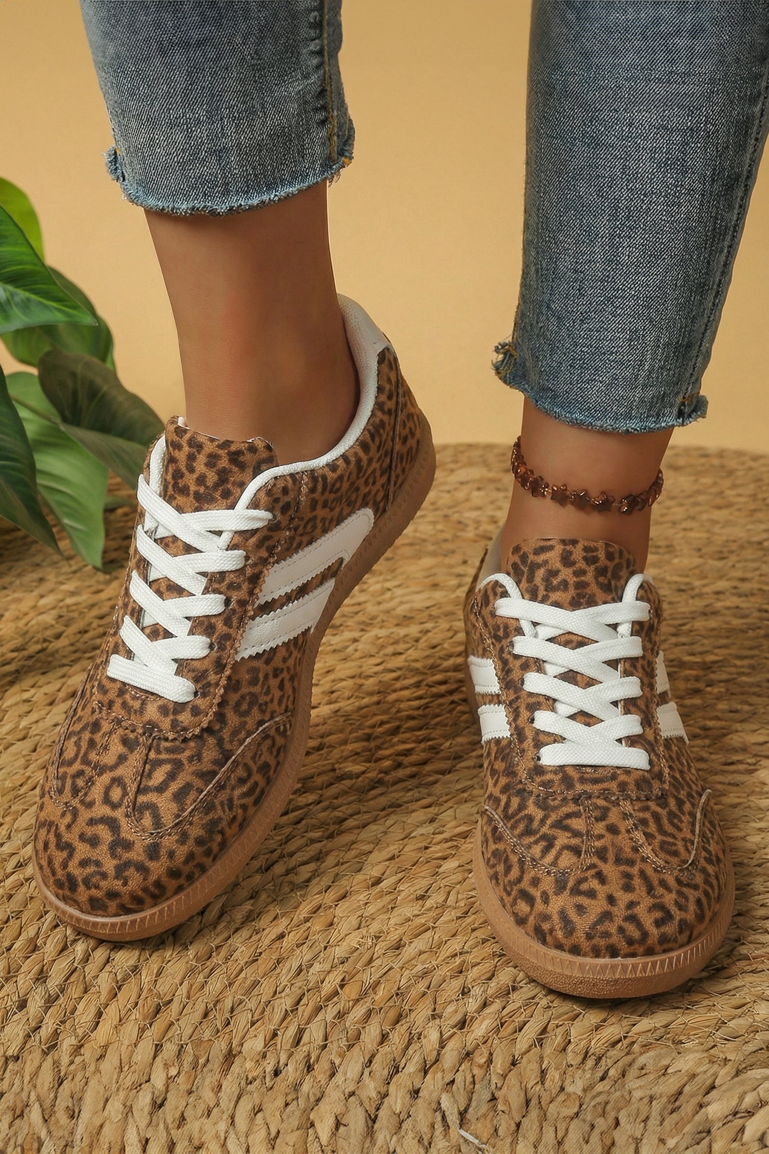 White PU Leather Detail Shimmer Leopard Printed Lace-up Sneakers