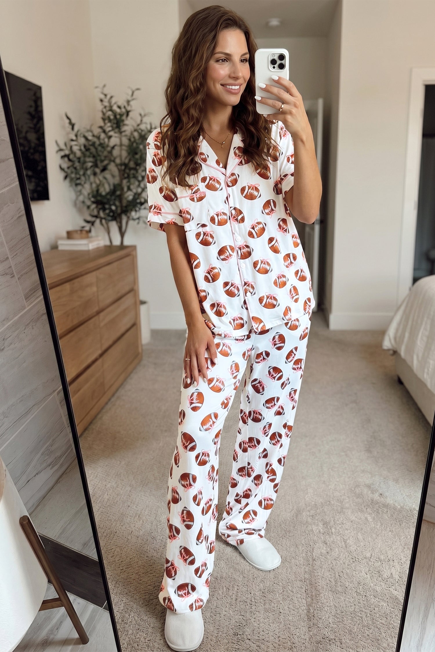 White Rugby Print Short Sleeve Button Down Top Loose Pants Game Day Pajama Set
