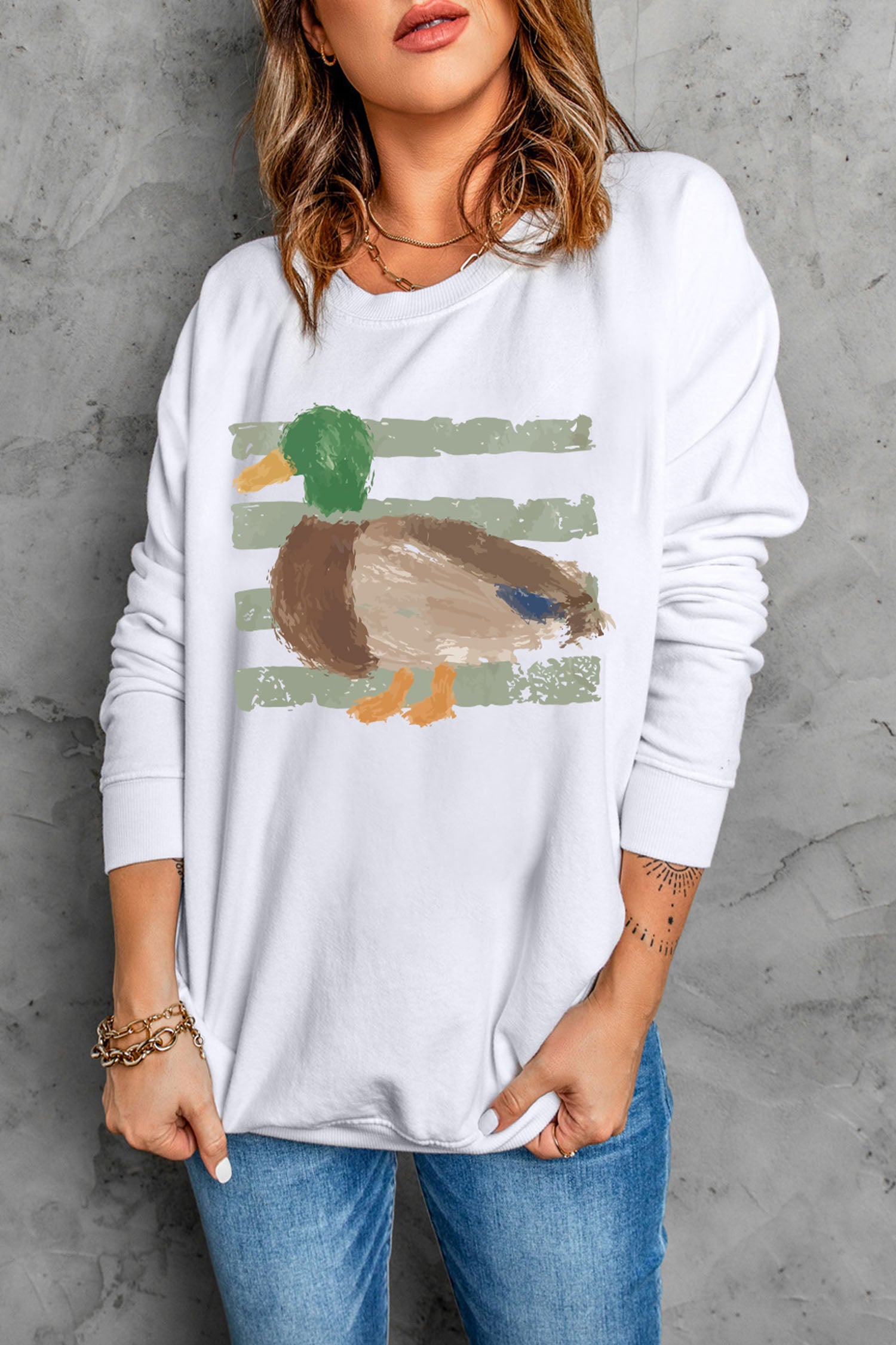 White Western Duck Graphic Casual Pullover Sweatshirt