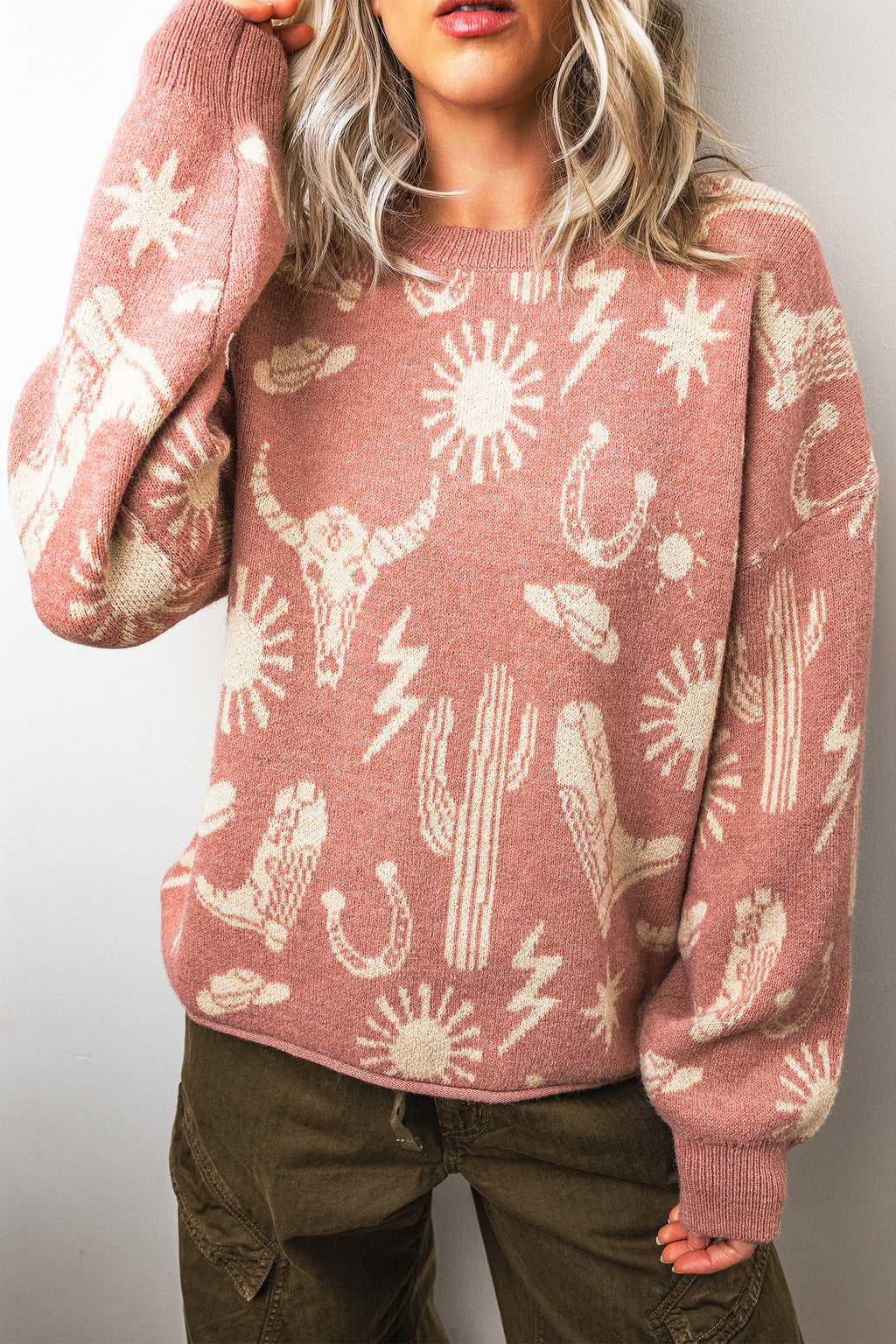 Peach Blossom Western Print Drop Shoulder Round Neck Long Sleeve Sweater