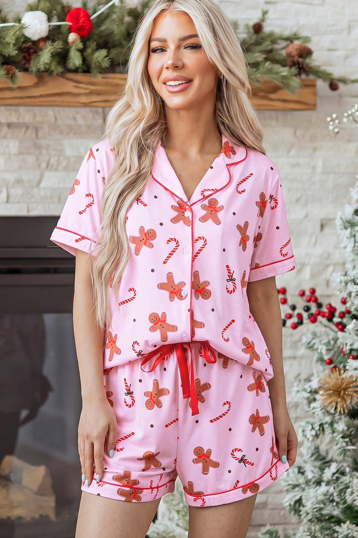 Pink Short Sleeve Placket Shell Button Elastic Waist Lounge Set