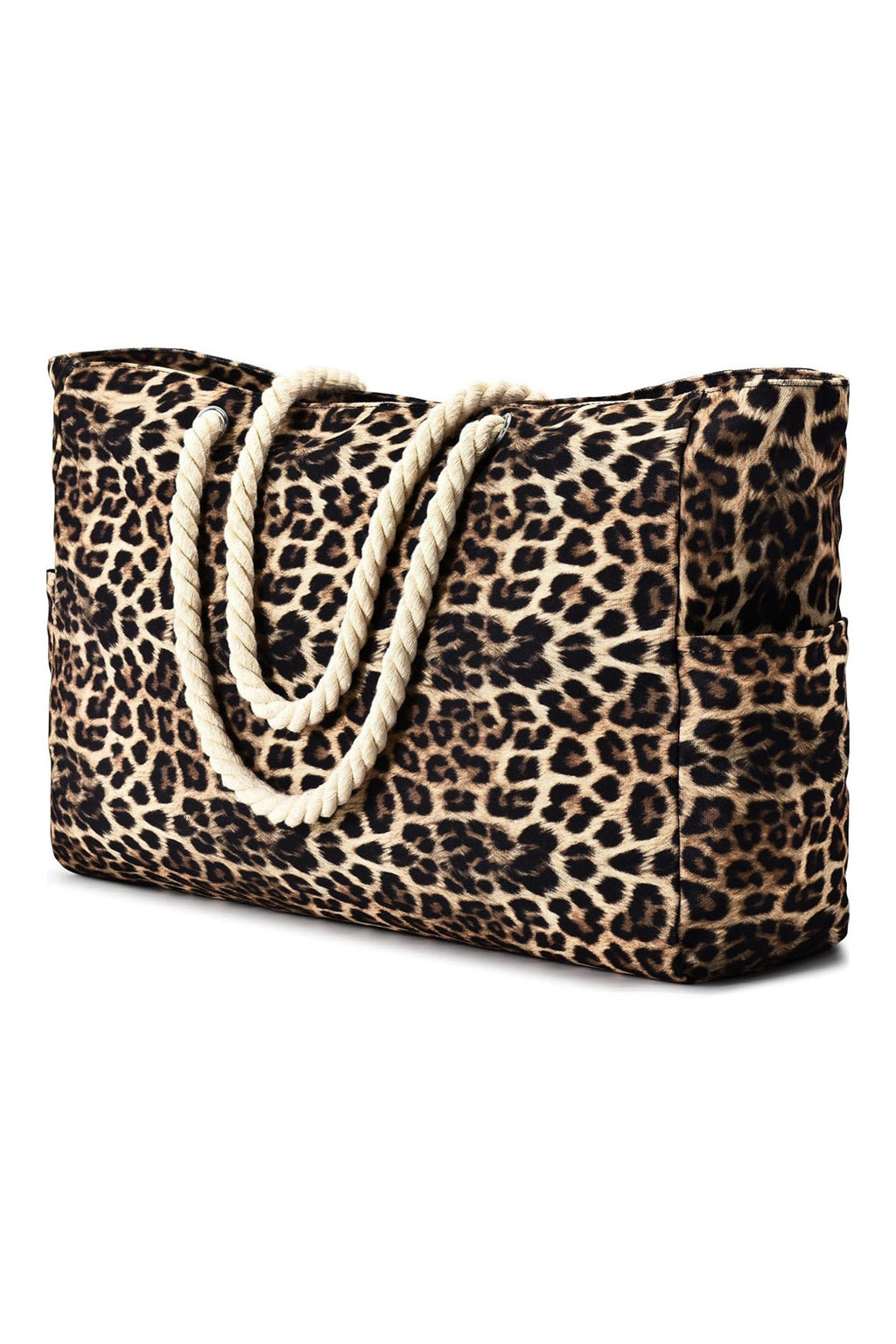 Coffee Leopard Print Rope Straps Large Travel Shopping Bag