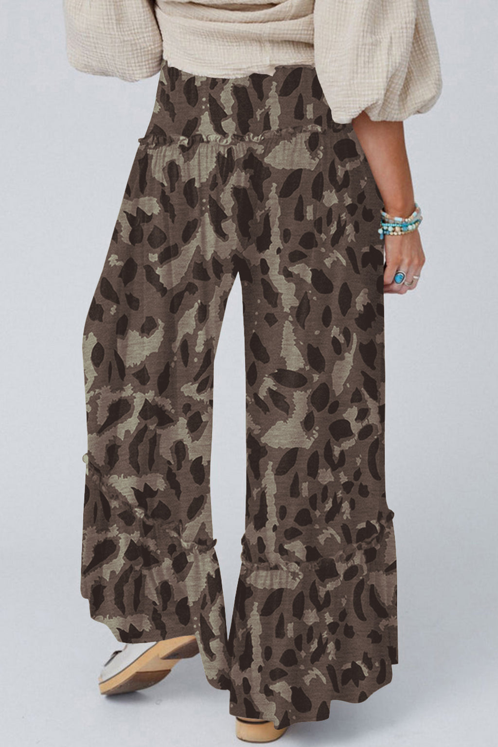 Beige Camo Print Wide Leg Casual Pants