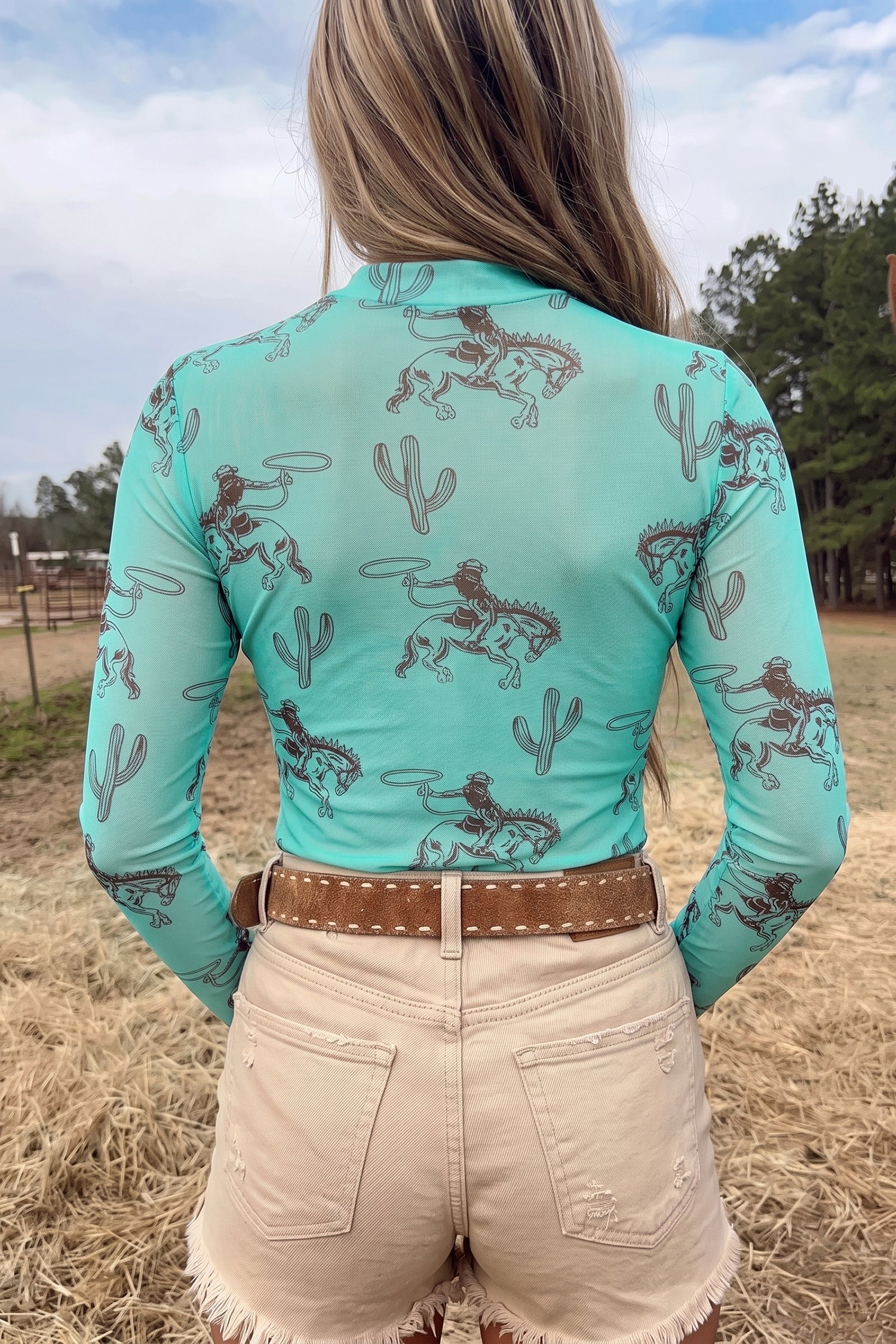 Aruba Blue Western Print High Neck Long Sleeve Sheath Mesh Top
