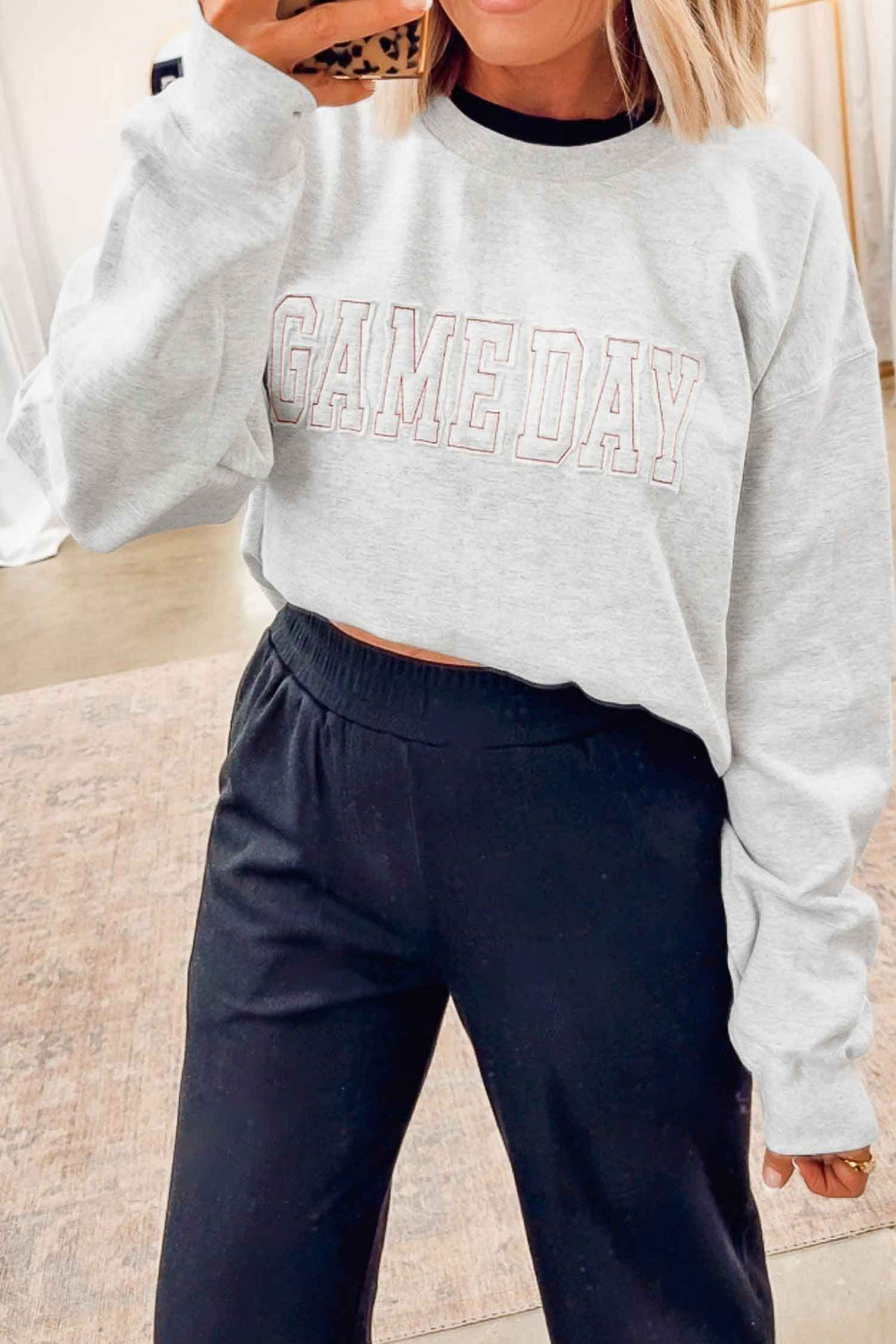 Light Grey Game Day Letter Embroidery Long Sleeve Round Neck Sweatshirt
