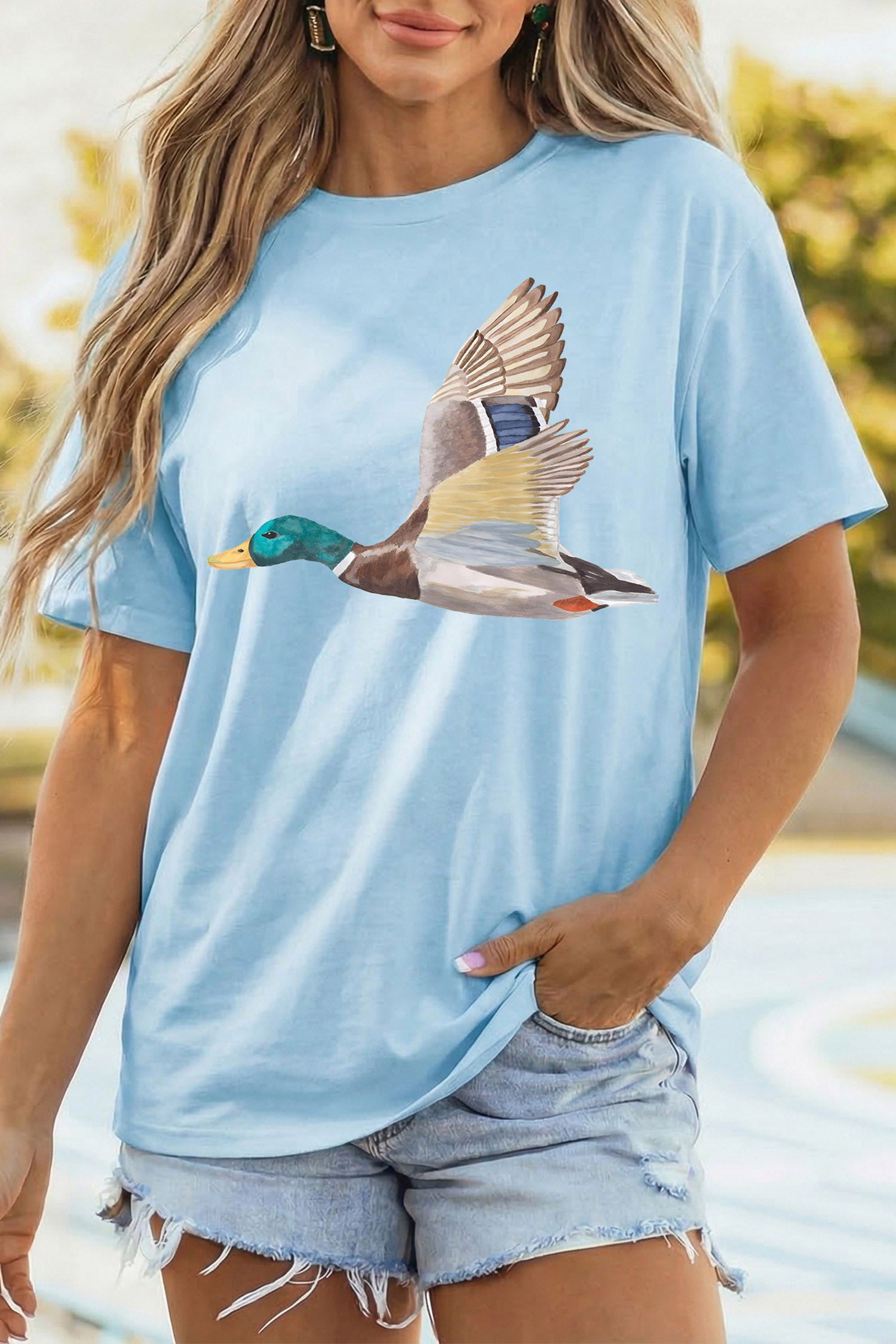 Light Blue Flying Mallard Print Western Graphic Tee