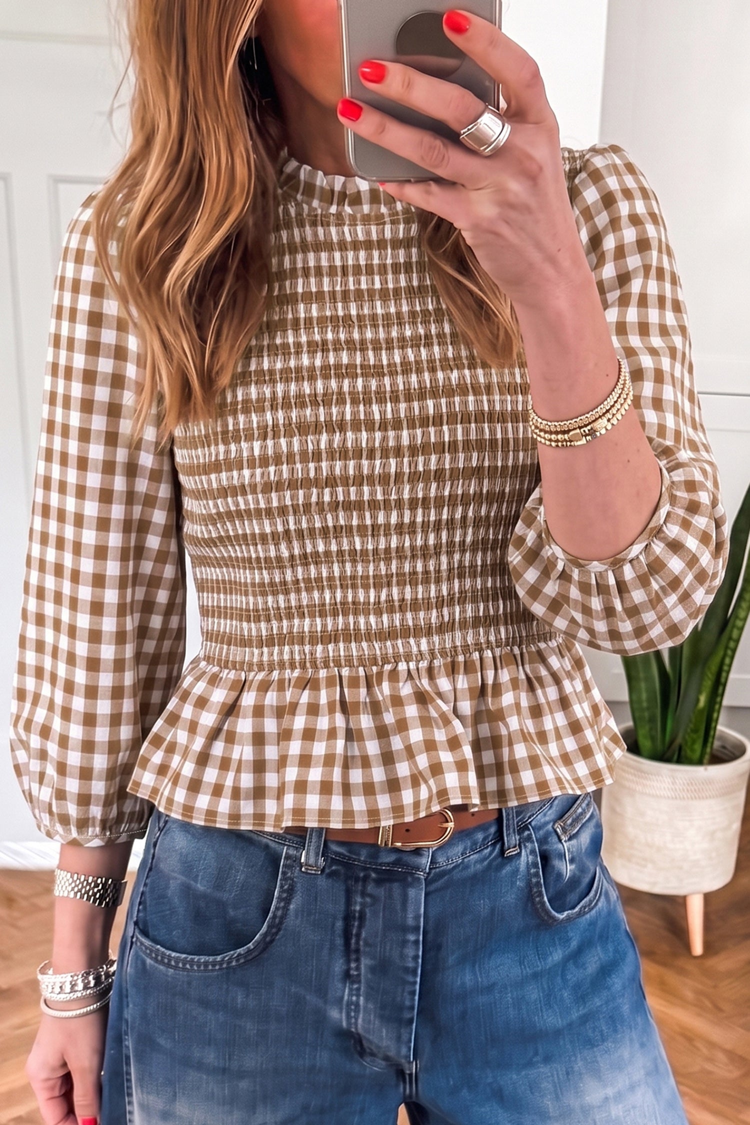 Brown 3/4 Sleeve Shirred Plaid Peplum Top