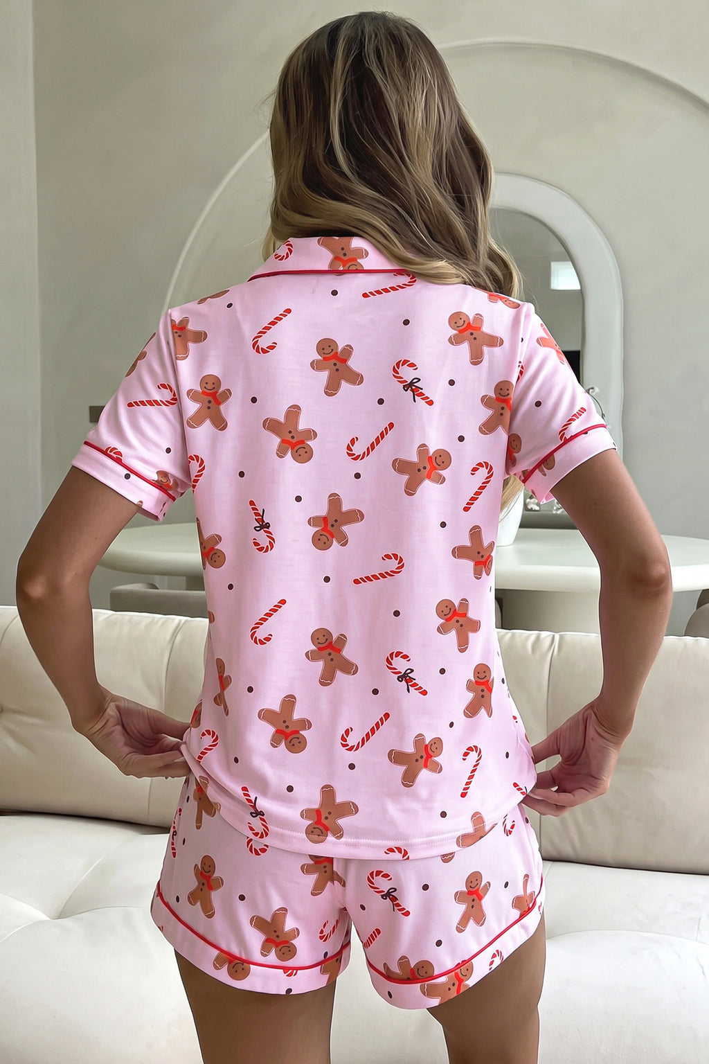 Pink Short Sleeve Placket Shell Button Elastic Waist Lounge Set