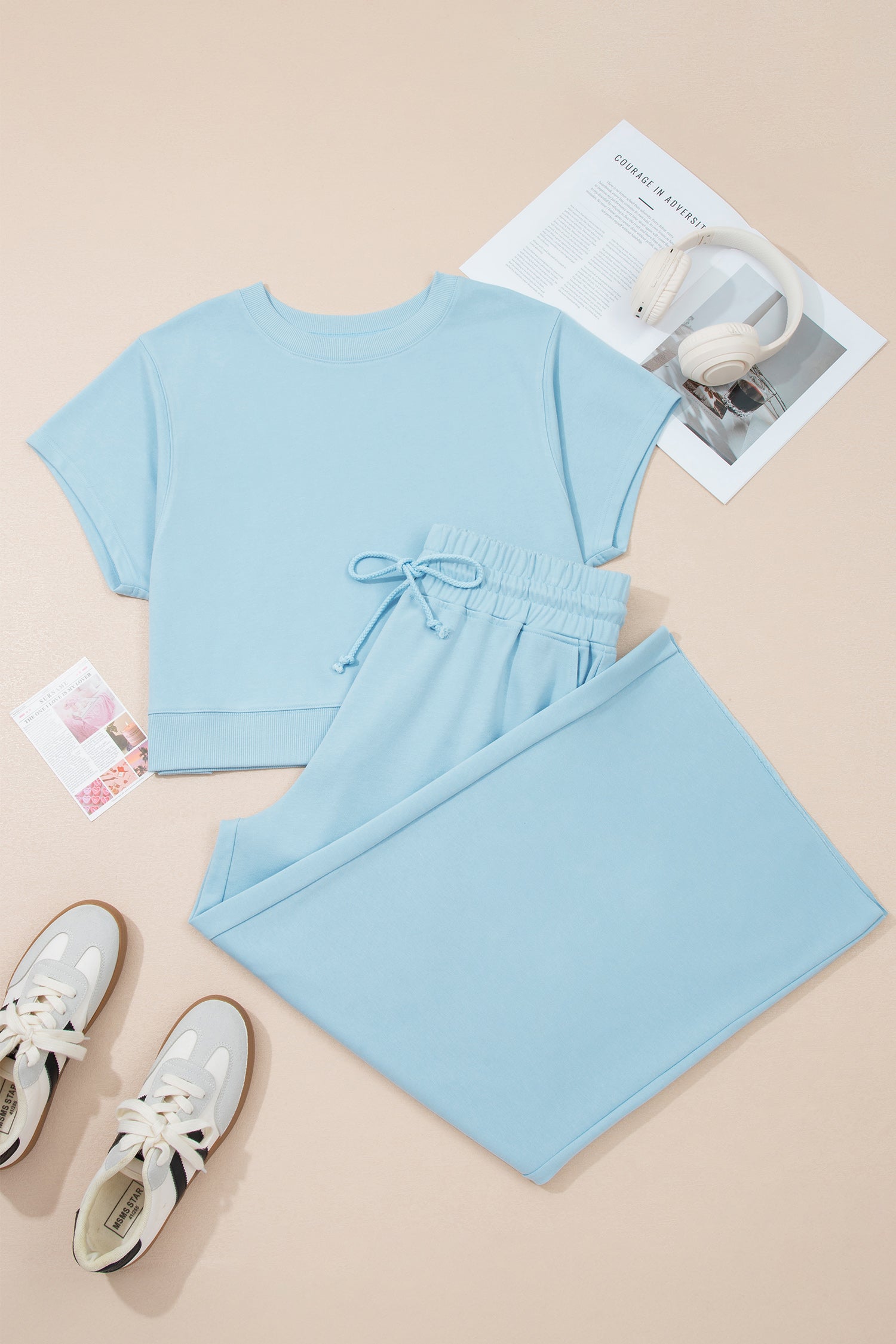 Clearly Aqua Solid Color Ribbed Trim Short Sleeve Top Drawstring Loose Pants 2pcs Outfit