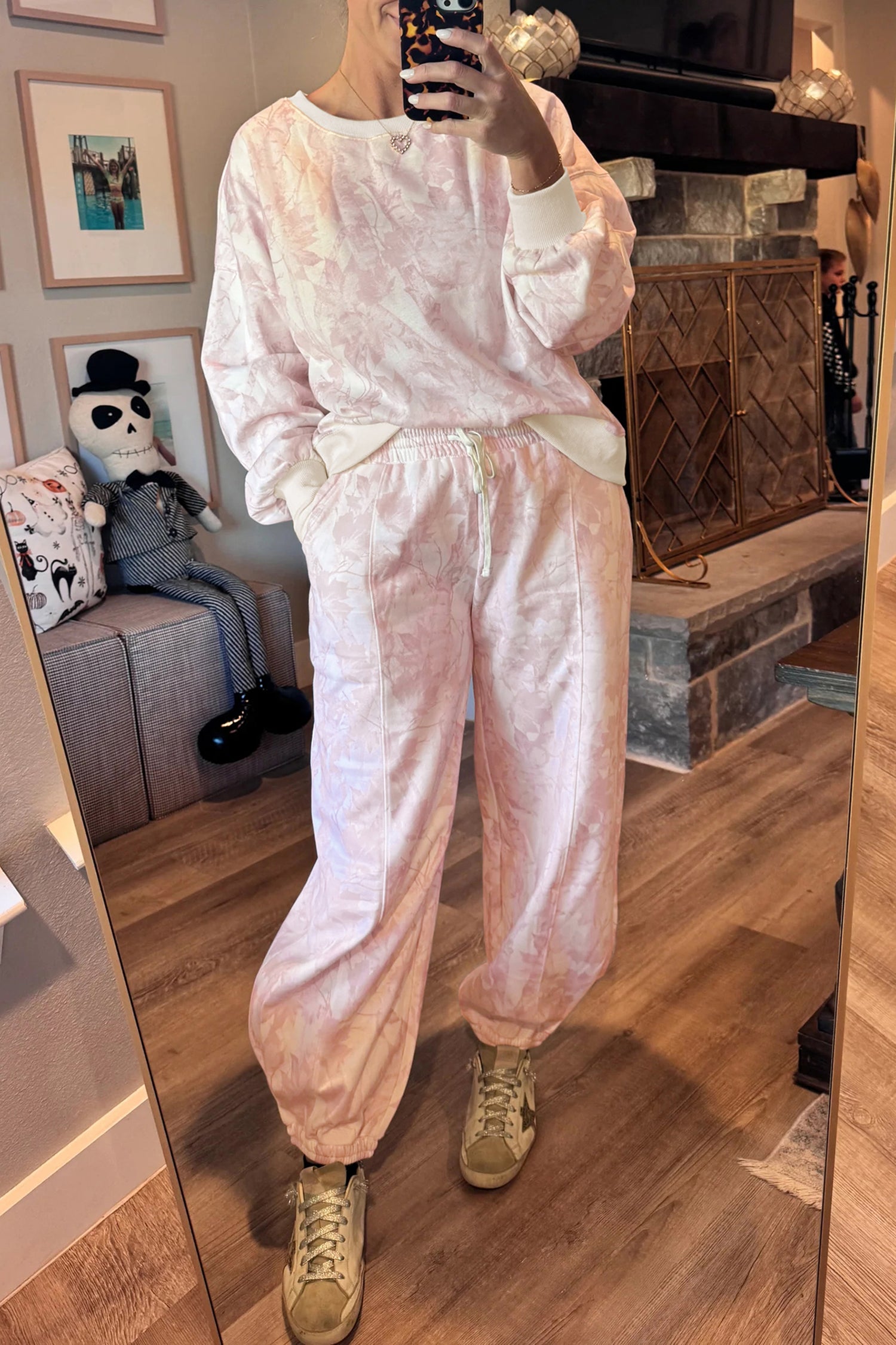 Pink Abstract Print Drop Shoulder Drawstring Waist Drawstring Hem Pant Set